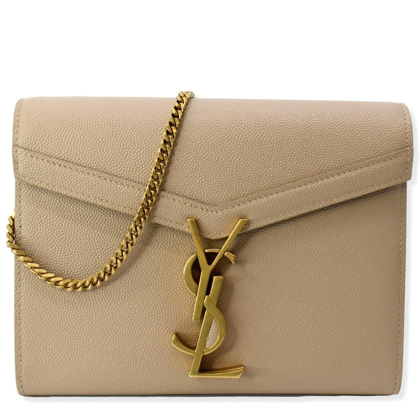 YVES SAINT LAURENT Cassandra Grain De Poudre Embossed Chain Wallet Beige