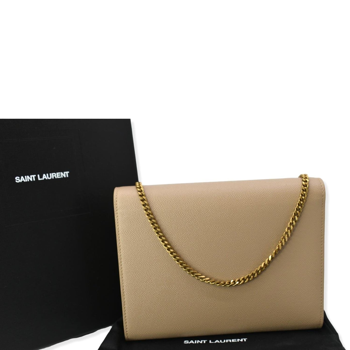 YVES SAINT LAURENT Cassandra Grain De Poudre Embossed Chain Wallet Beige