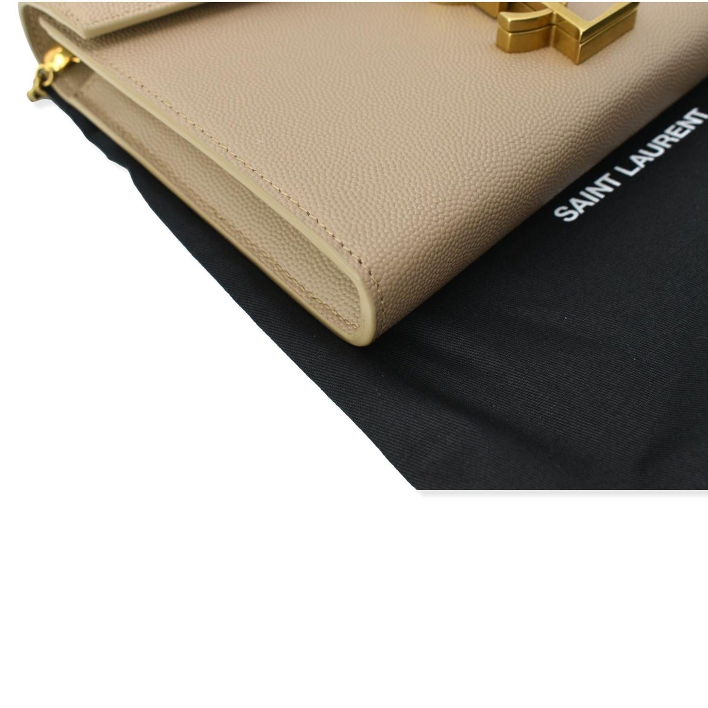 YVES SAINT LAURENT Cassandra Grain De Poudre Embossed Chain Wallet Beige