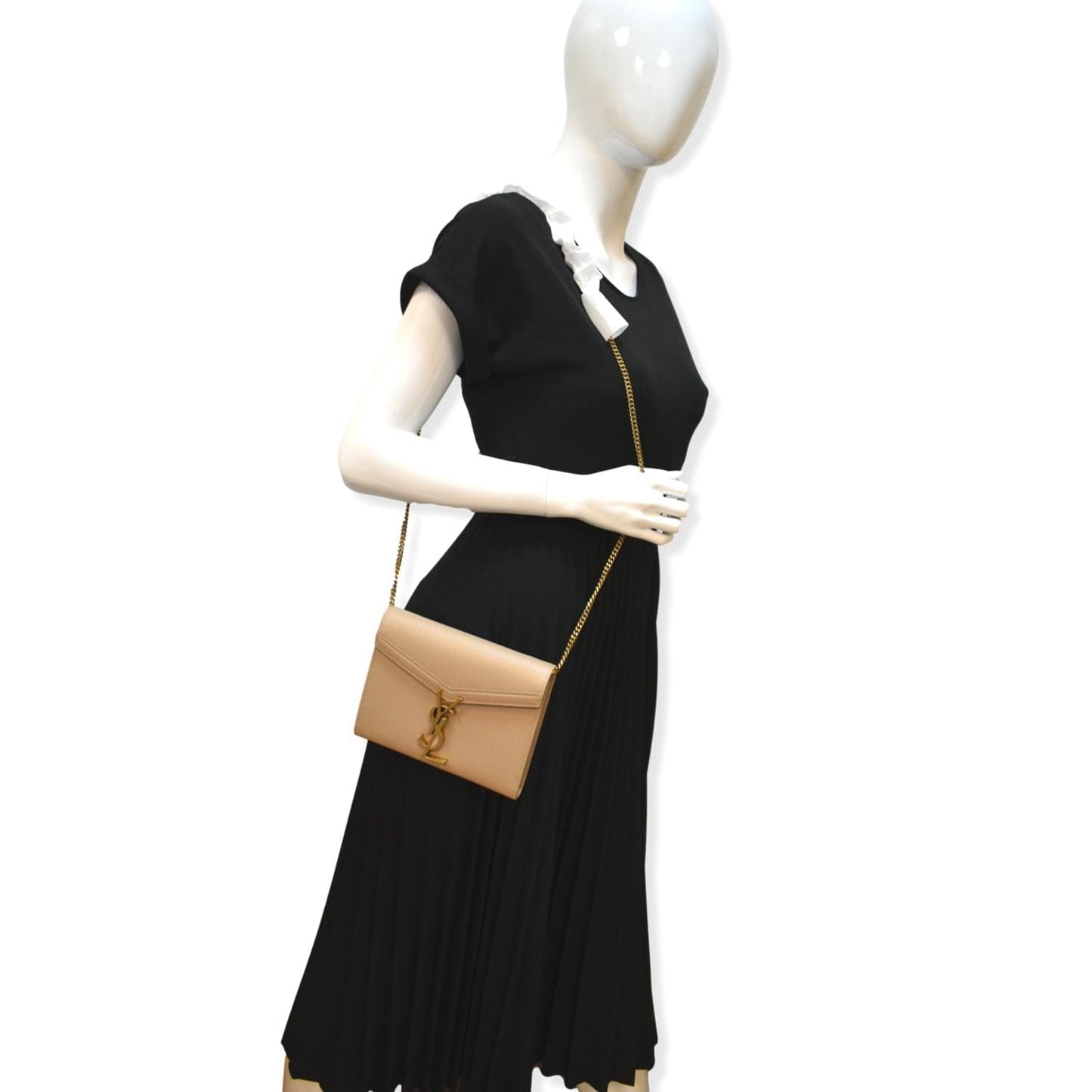 YVES SAINT LAURENT Cassandra Grain De Poudre Embossed Chain Wallet Beige