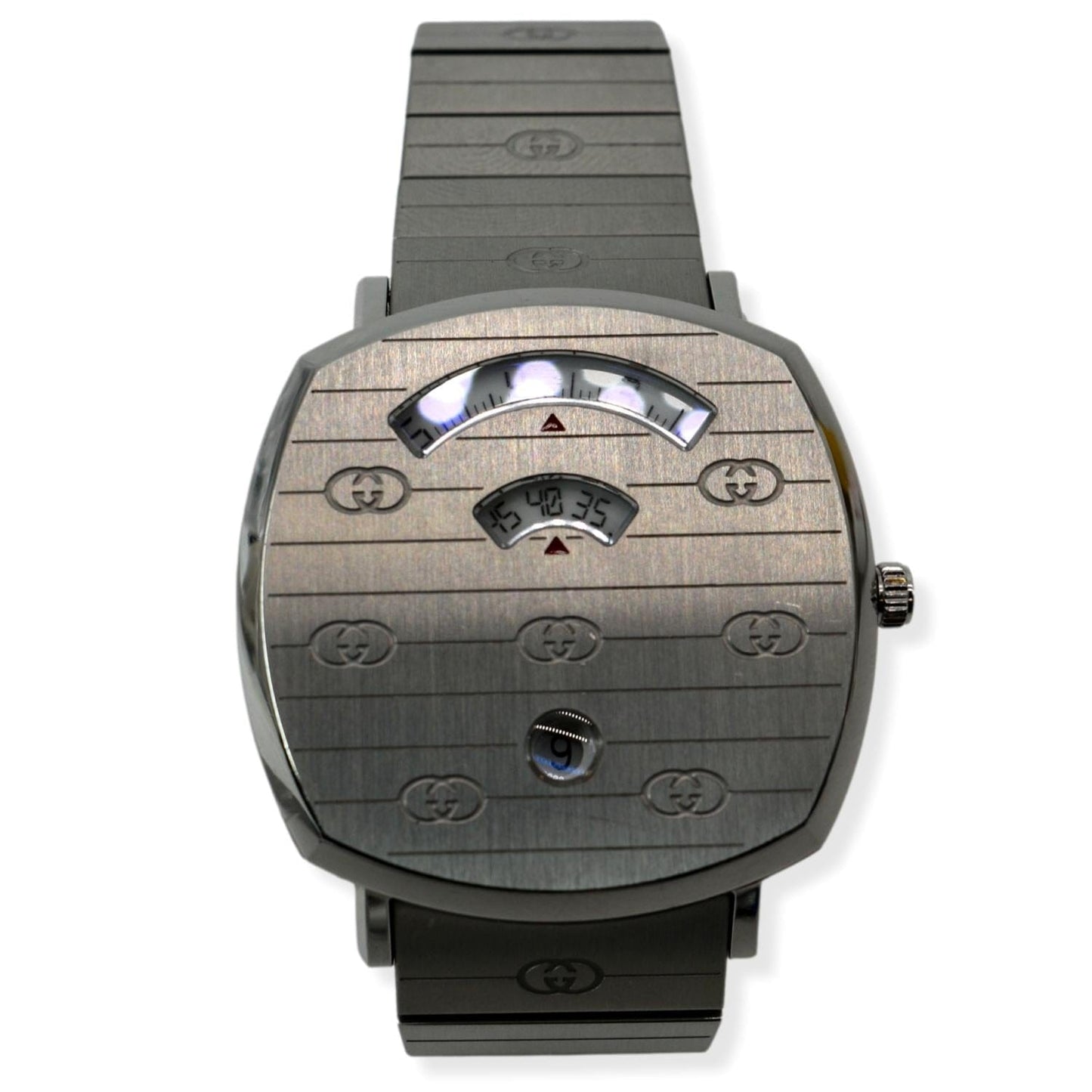 GUCCI Grip 1573 GG Engraved Quartz Silver Dial Stainless Steel Watch 35MM