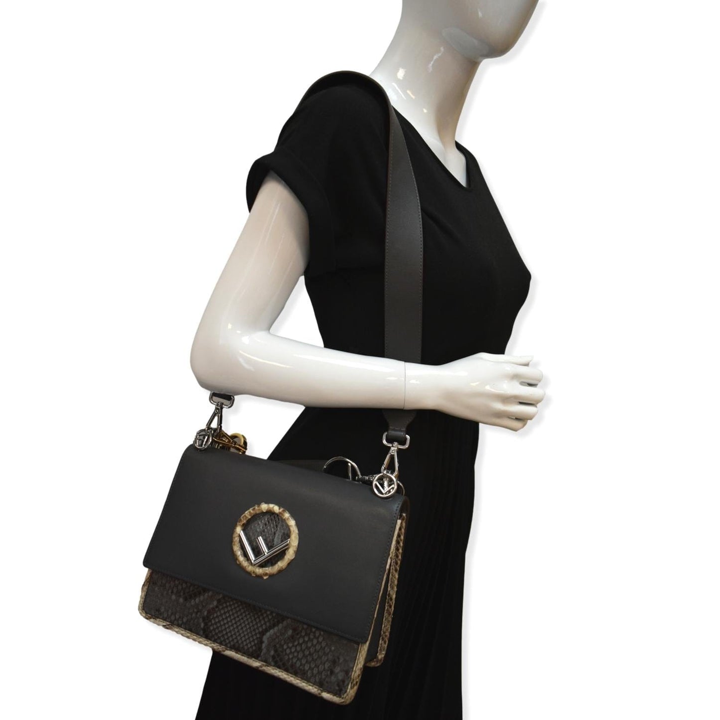 FENDI Kan I F Logo Python Leather Shoulder Bag Black