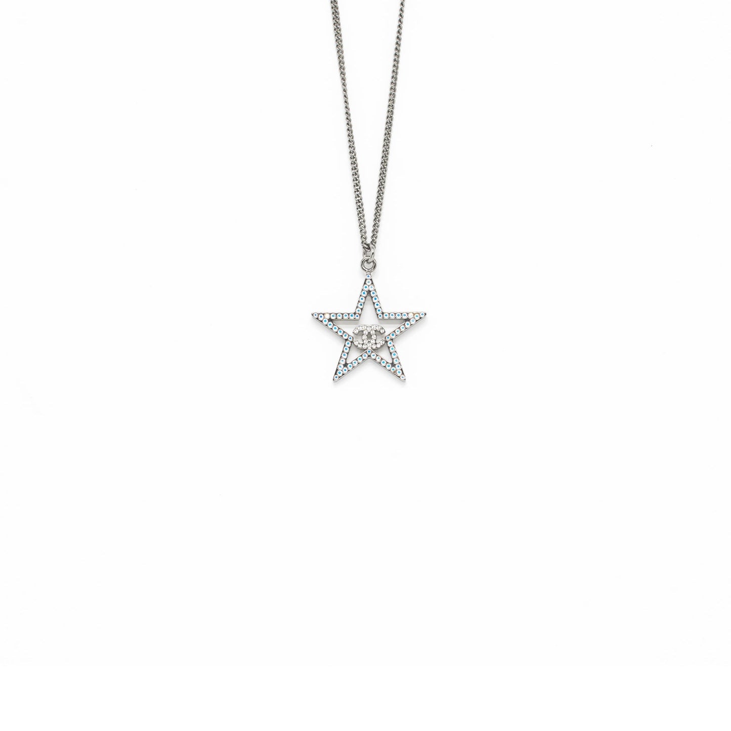 Chanel Star with CC Logo Iridescent Necklace Crystal Silver Tone