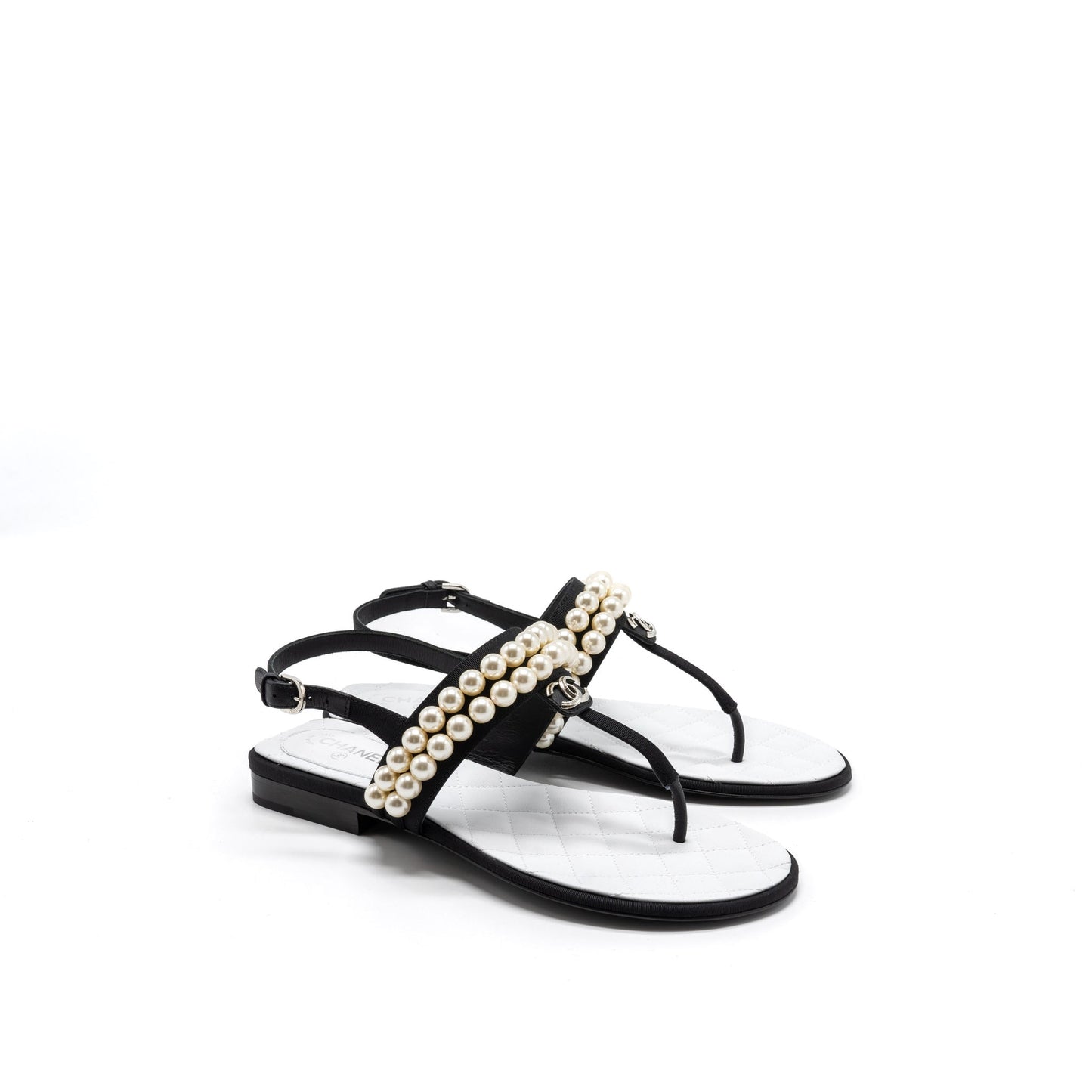 Chanel 22B Size 36 Flip Flops Sandals Pearl Leather/Fabric Black