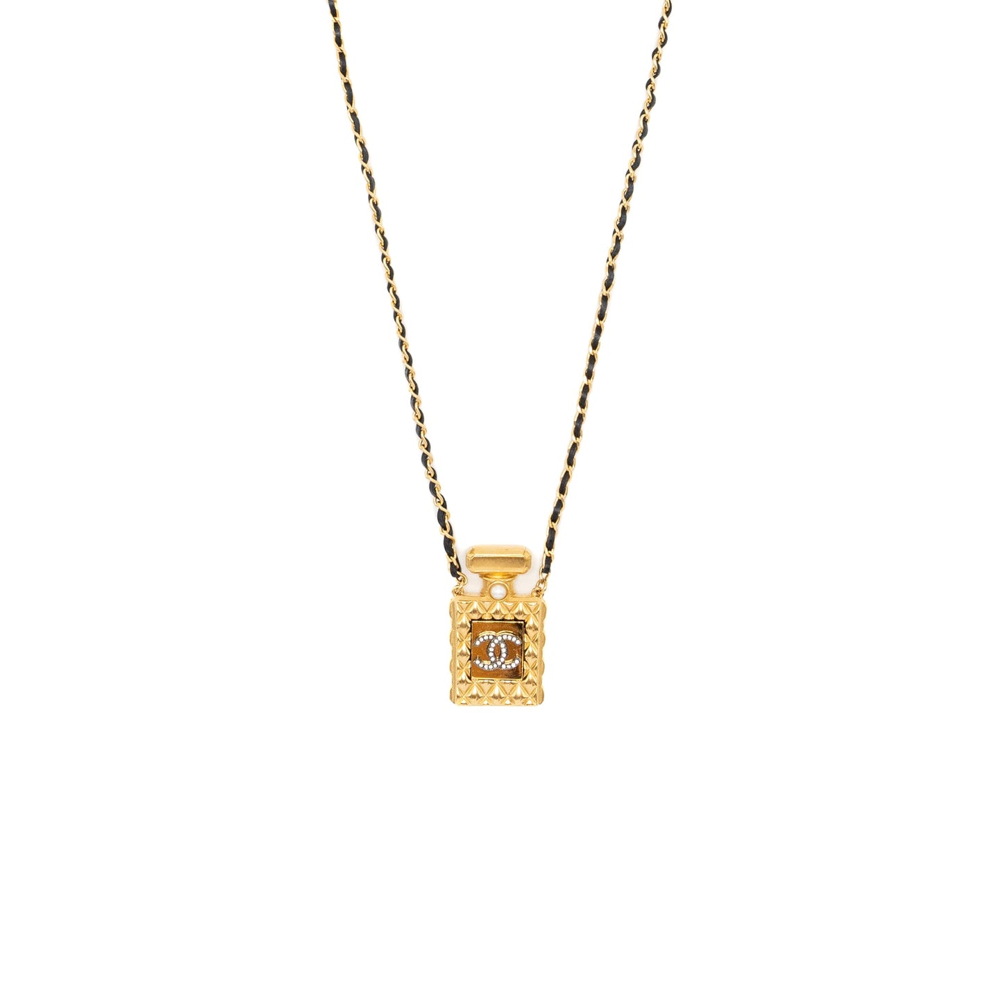 Chanel Large Model Perfume Bottle Necklace Crystal/Pearl/Gold Tone
