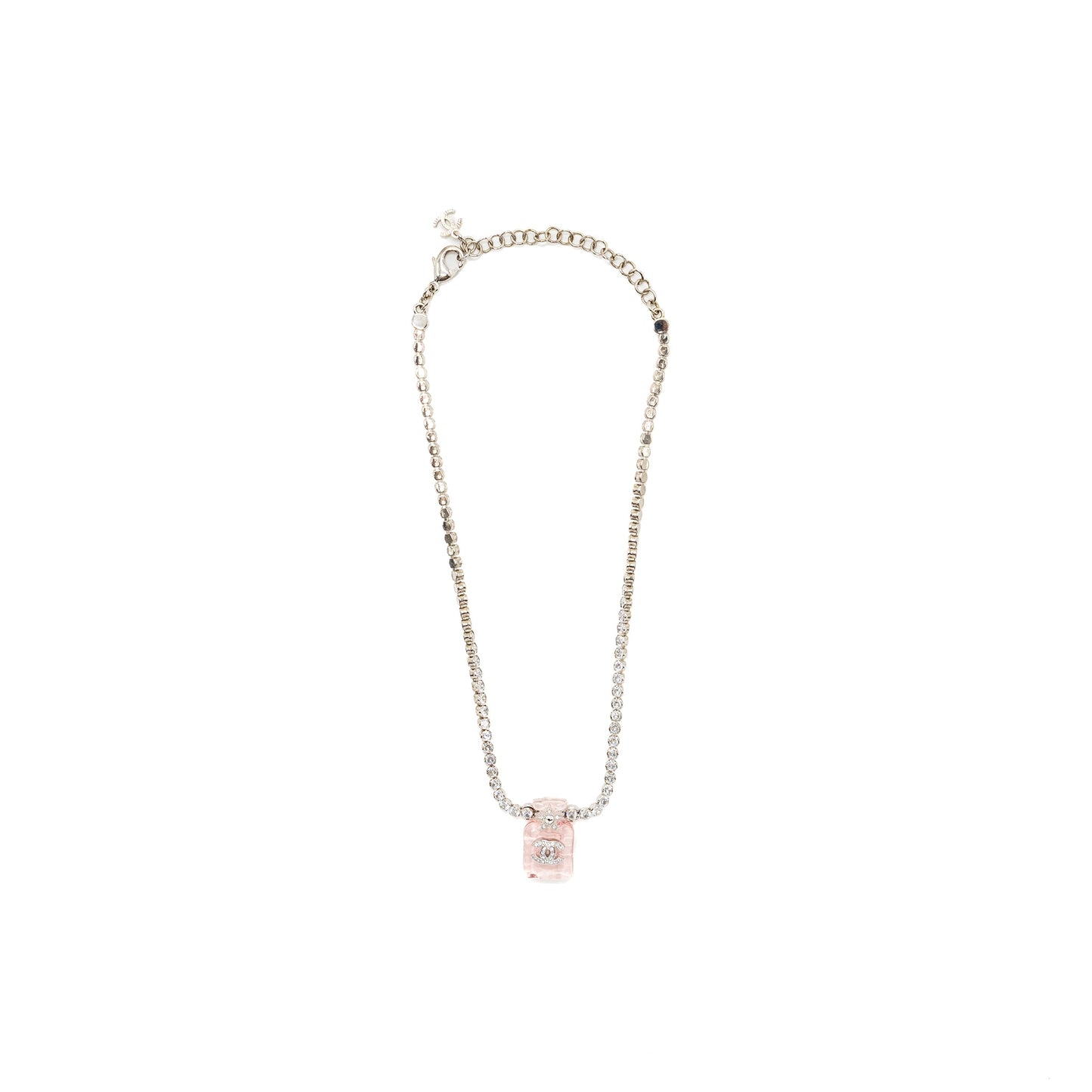 Chanel Perfume Bottle Necklace Crystal Silver Tone