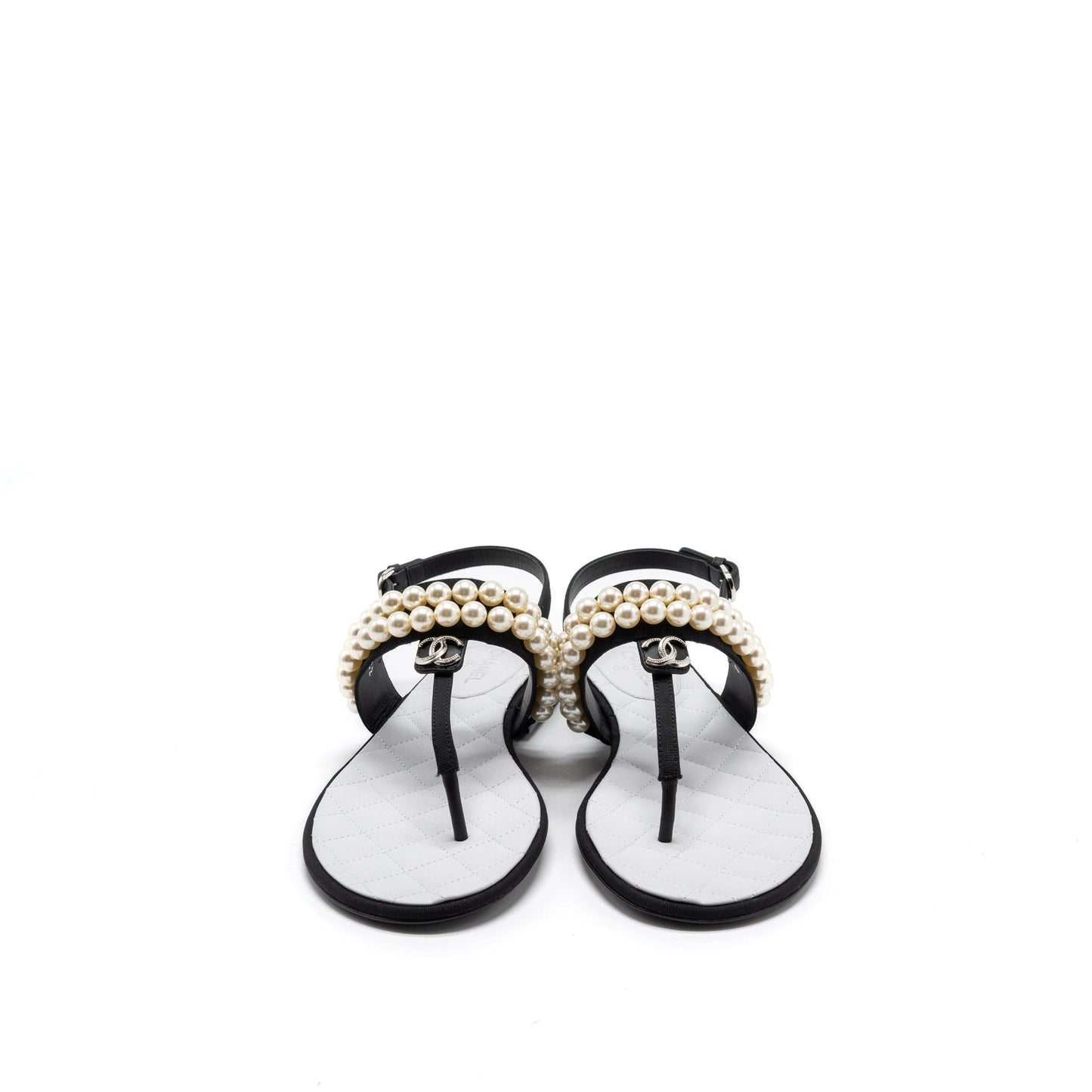 Chanel 22B Size 36 Flip Flops Sandals Pearl Leather/Fabric Black