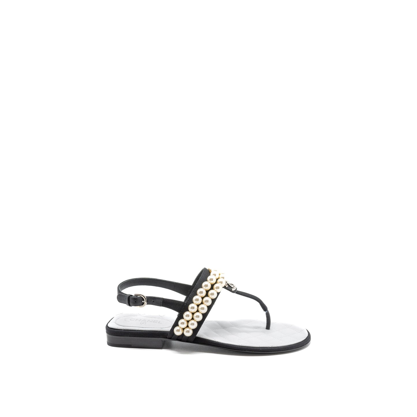 Chanel 22B Size 36 Flip Flops Sandals Pearl Leather/Fabric Black