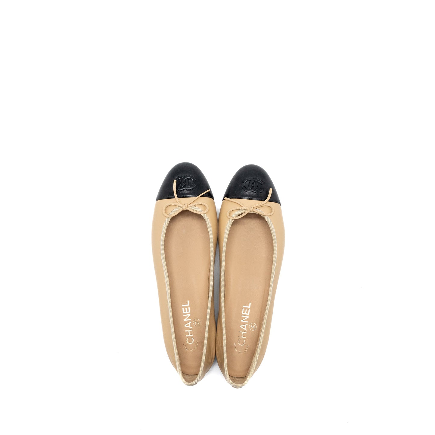 Chanel Size 41.5 Ballerina Flat Shoes Lambskin Beige/Black