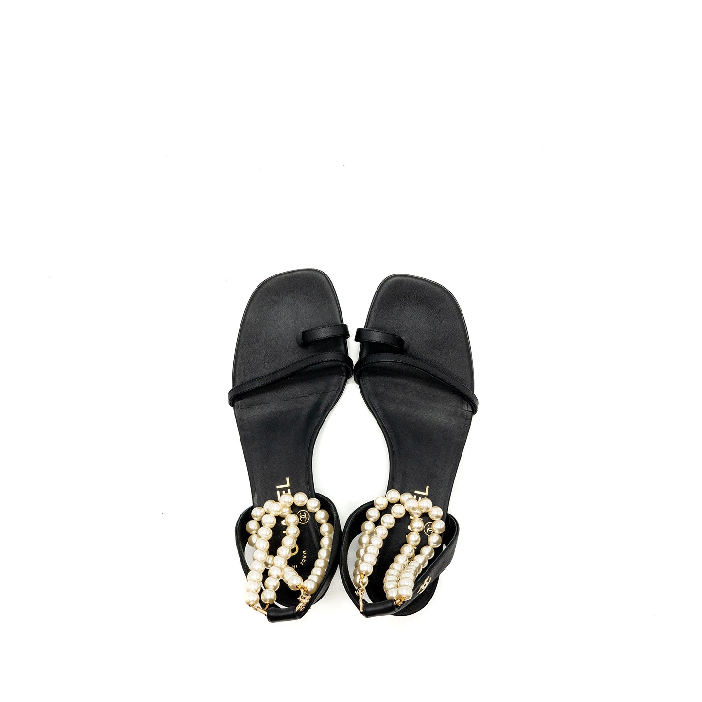 Chanel size 38 heel sandals with pearl leather black