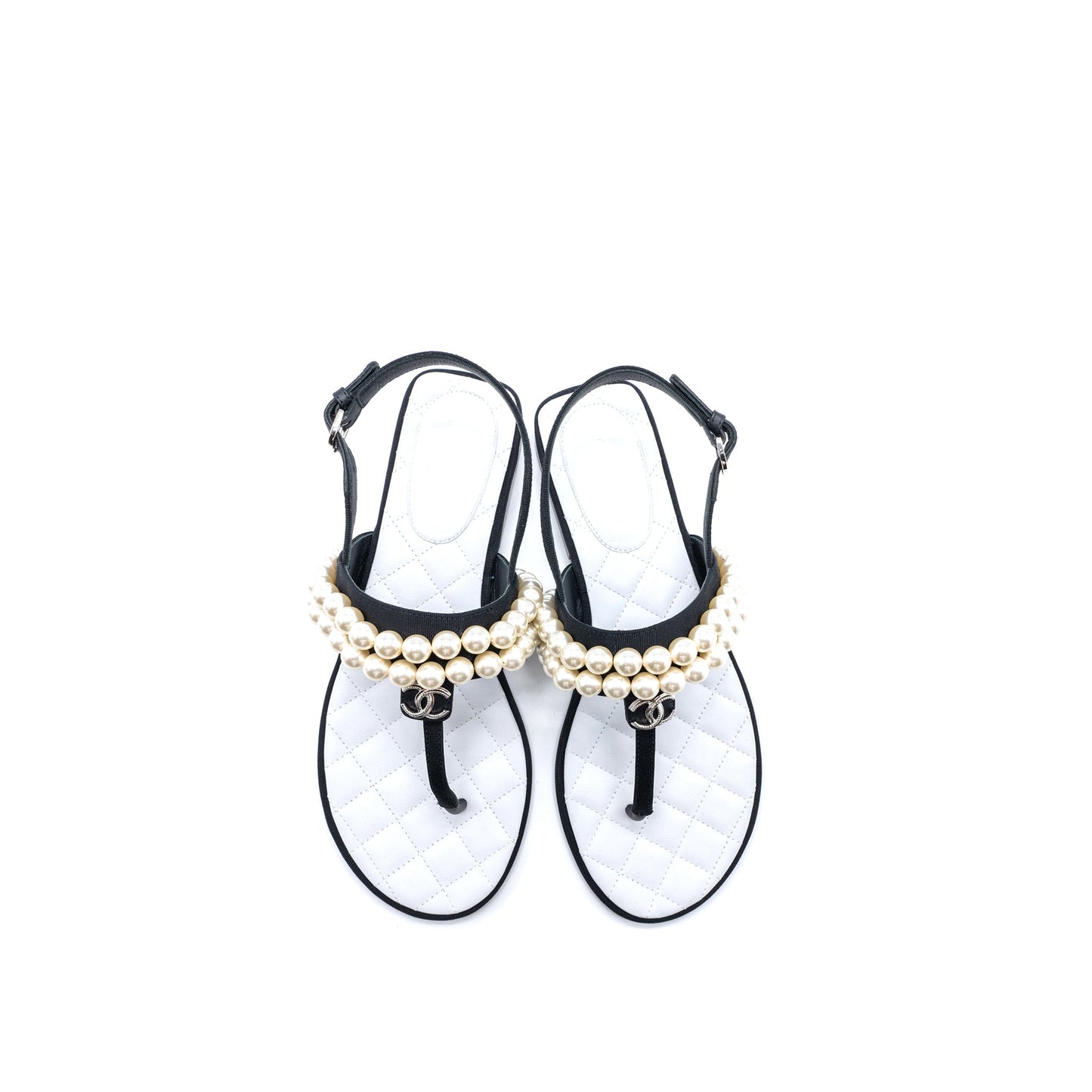 Chanel 22B Size 36 Flip Flops Sandals Pearl Leather/Fabric Black