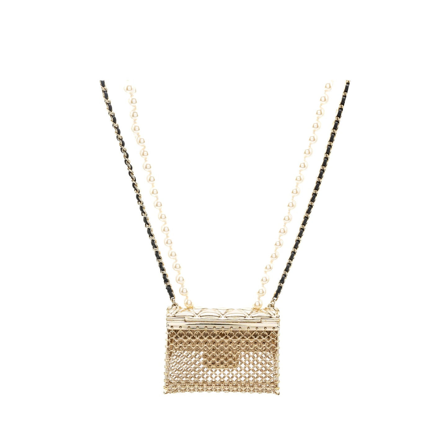 Chanel Micro Bag Necklace Pearl/ Leather Chain L