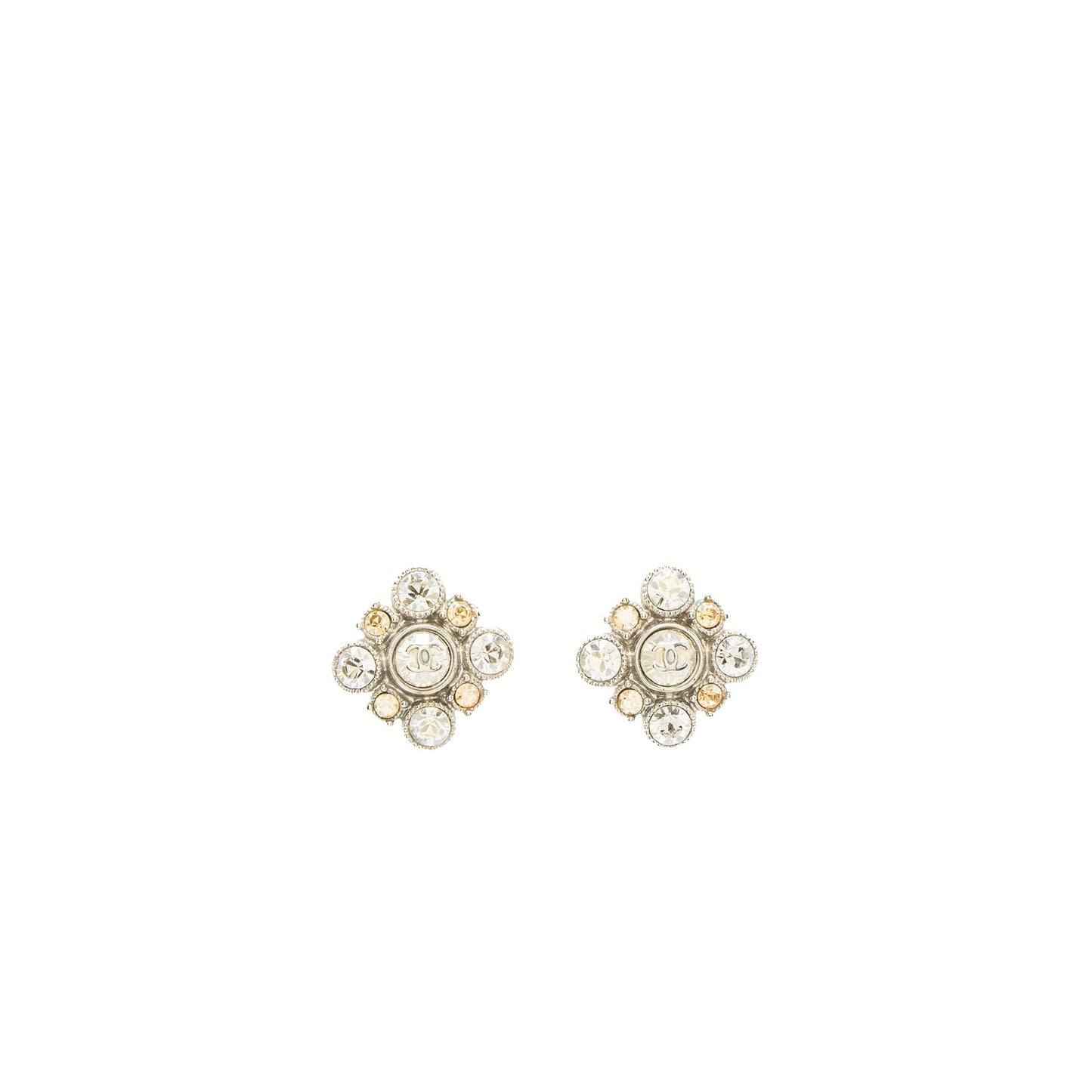 Chanel Quilted Earring Crystal Silver Tone