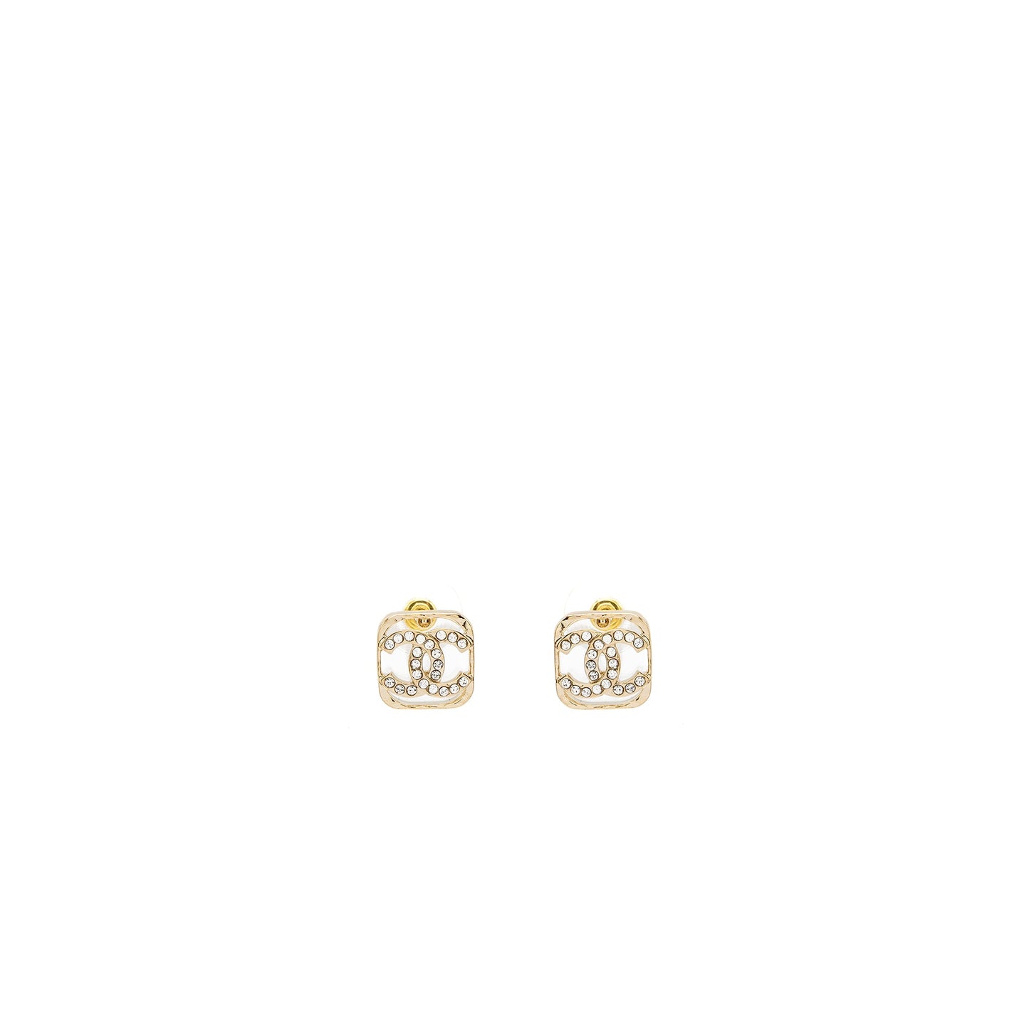 Chanel Square CC Logo Earrings Crystal Light Gold Tone