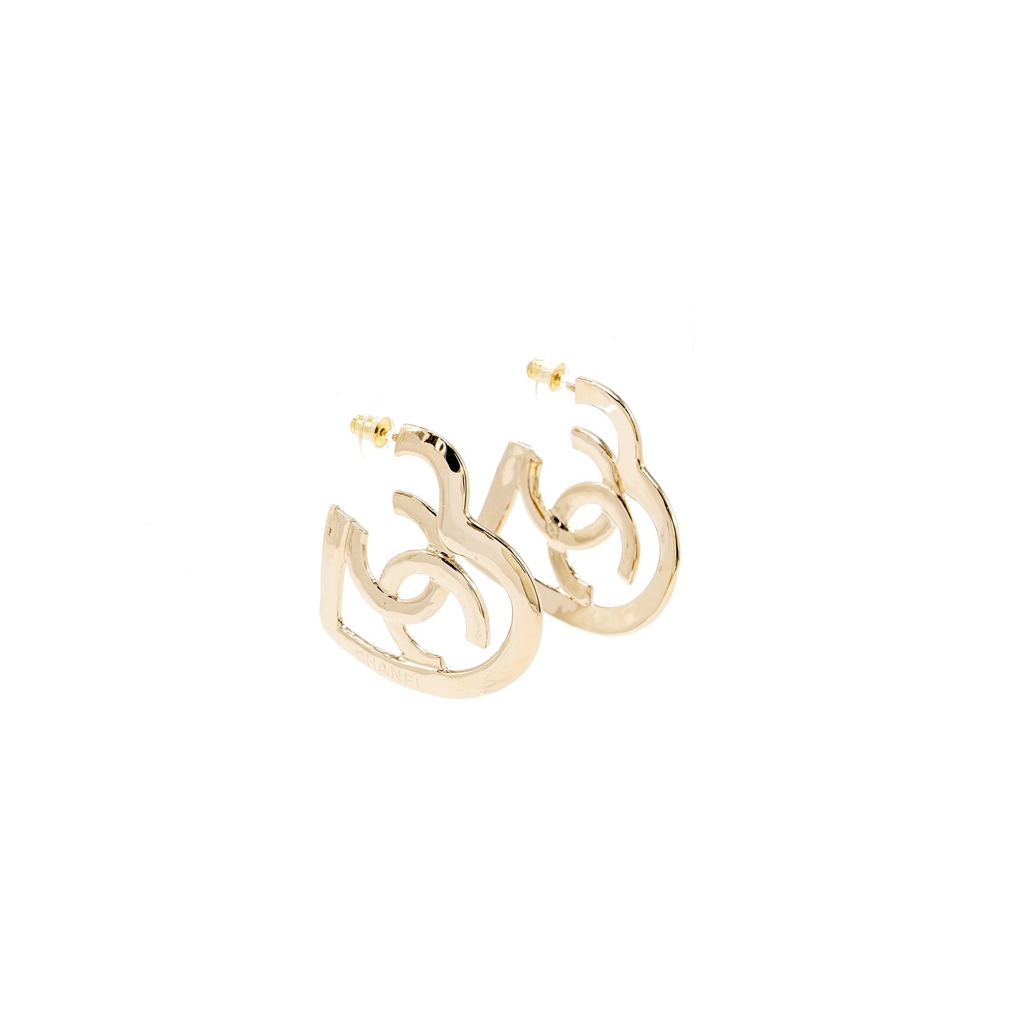 Chanel Giant Heart and CC logo earrings light gold tone