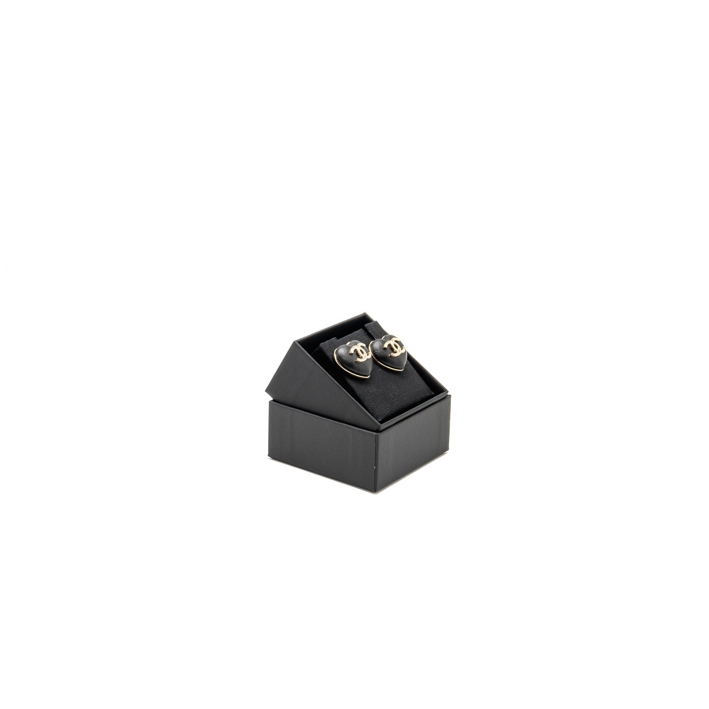 Chanel 22k CC Logo Heart Shape Earrings Lambskin Black L