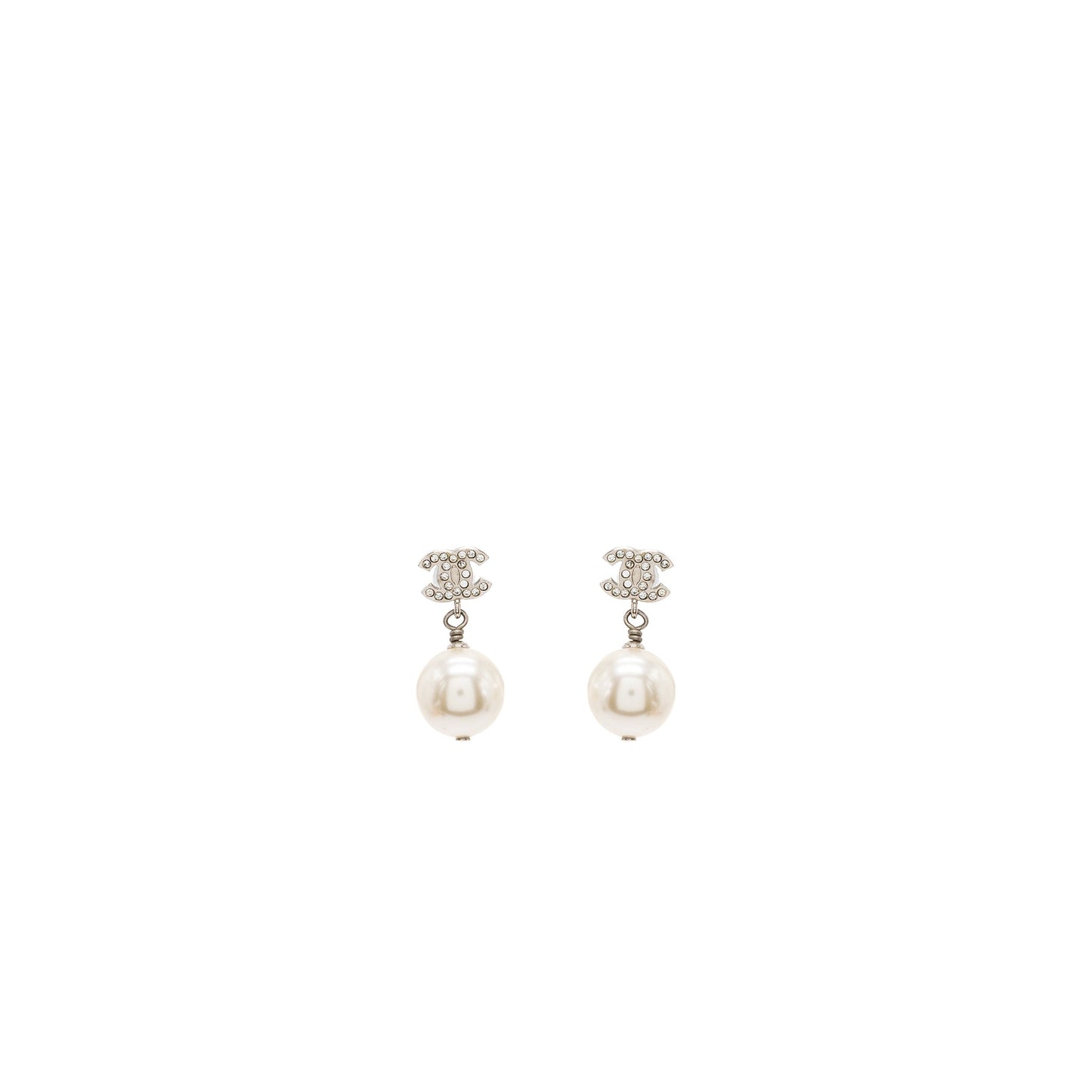 Chanel CC Logo Pearl Dropped Earrings Silver Tone