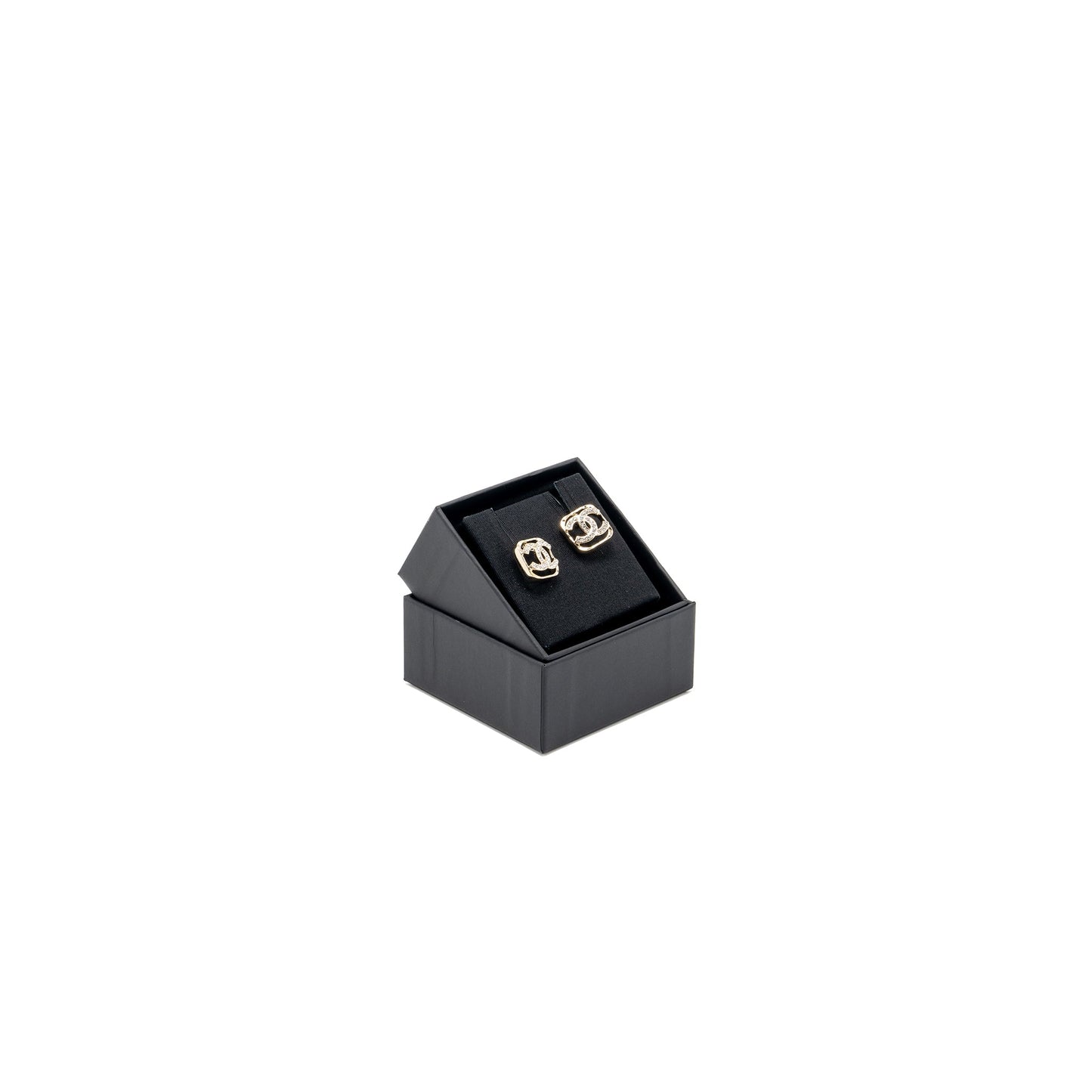 Chanel Square CC Logo Earrings Crystal Light Gold Tone