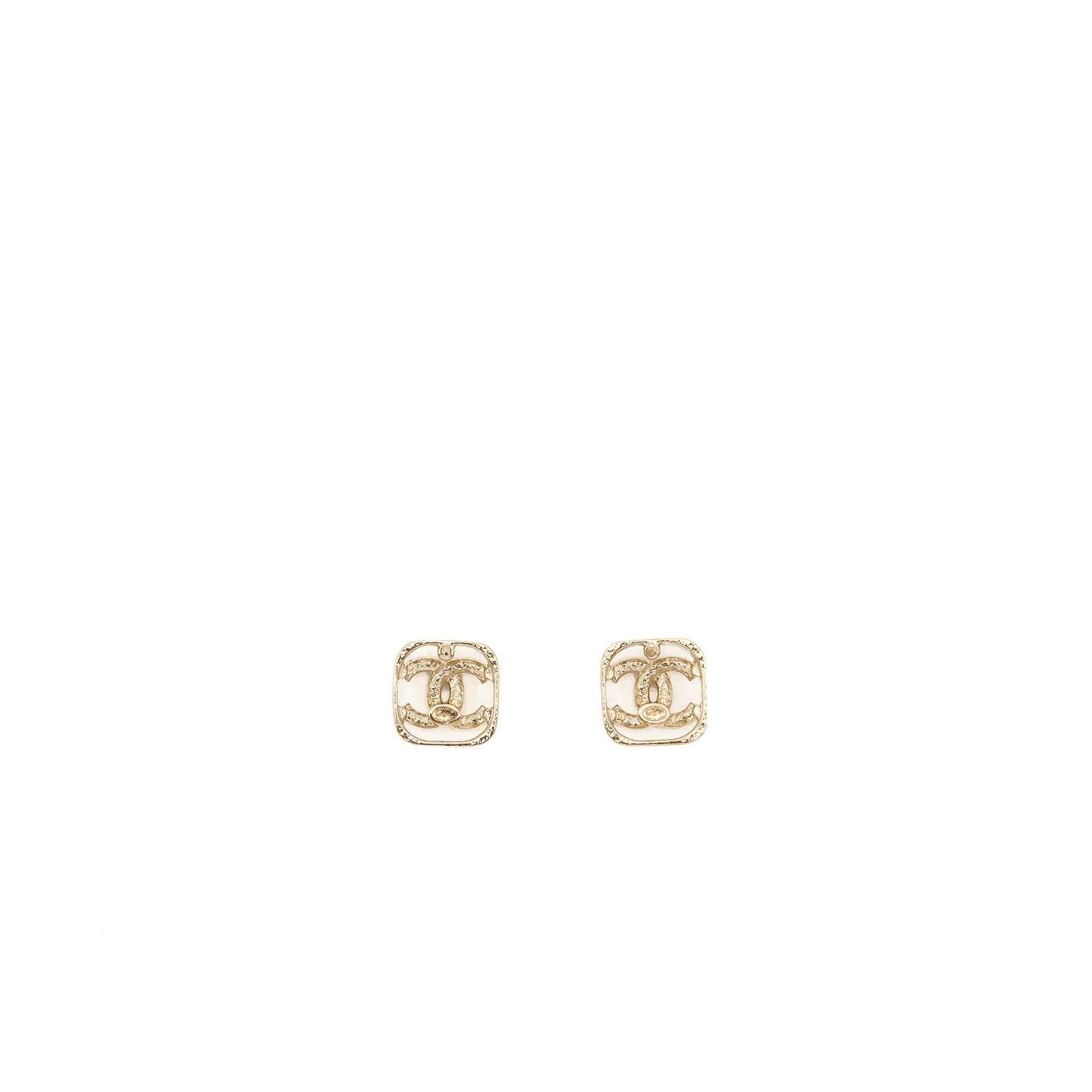 Chanel Square CC Logo Earrings Crystal Light Gold Tone