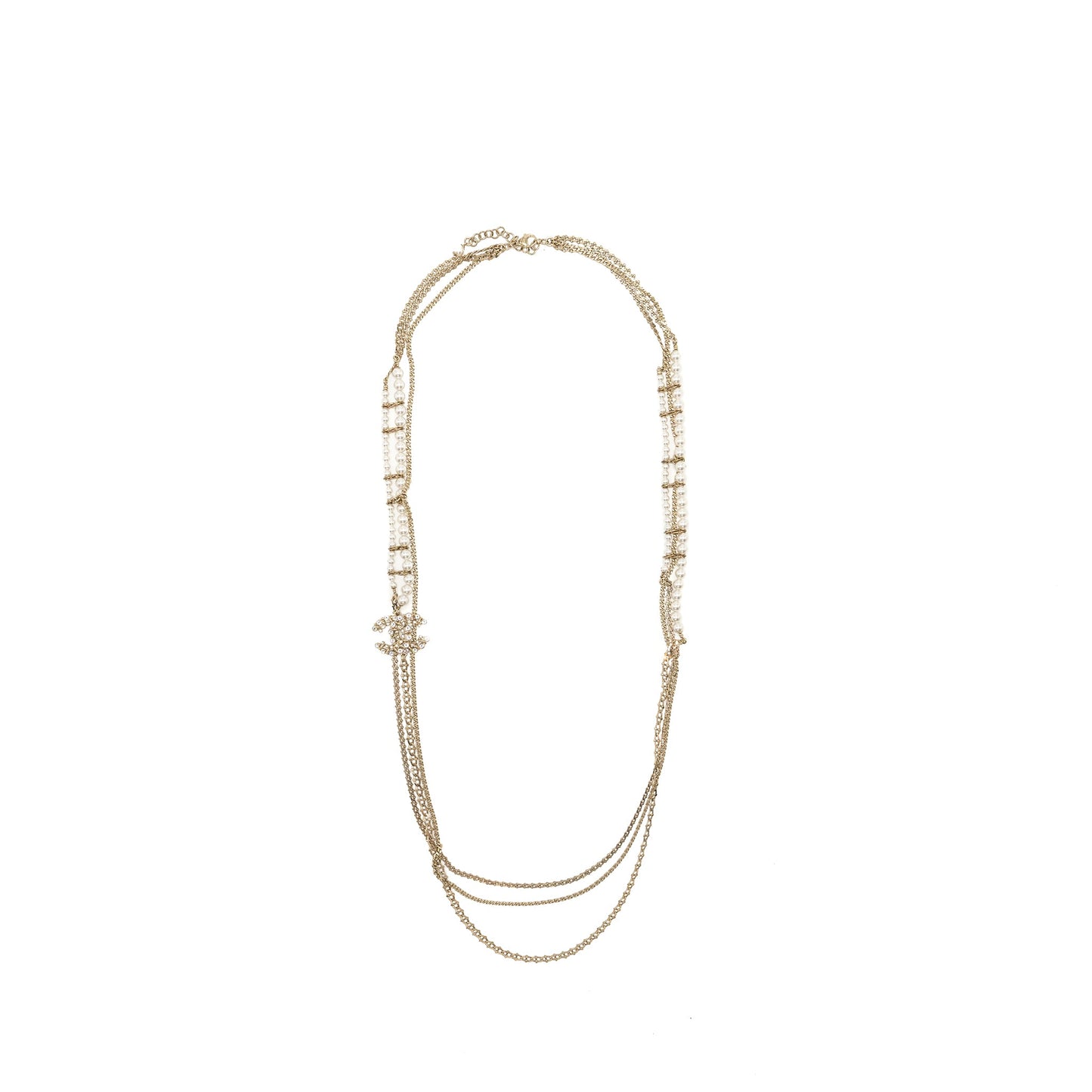 Chanel 19K CC logo long Necklace Pearl/Crystal/Light Gold Tone