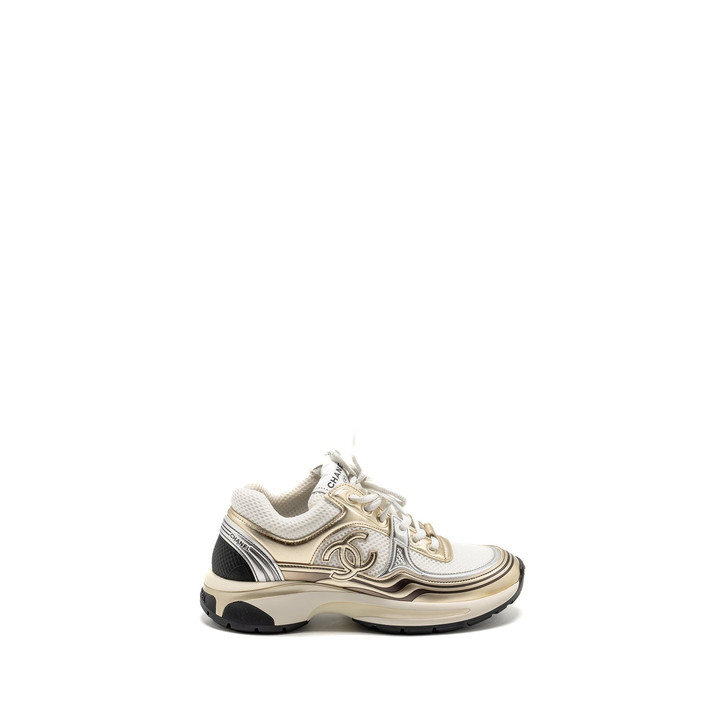 Chanel Size 37 CC Sneakers Fabric/Laminated White/Gold/Silver