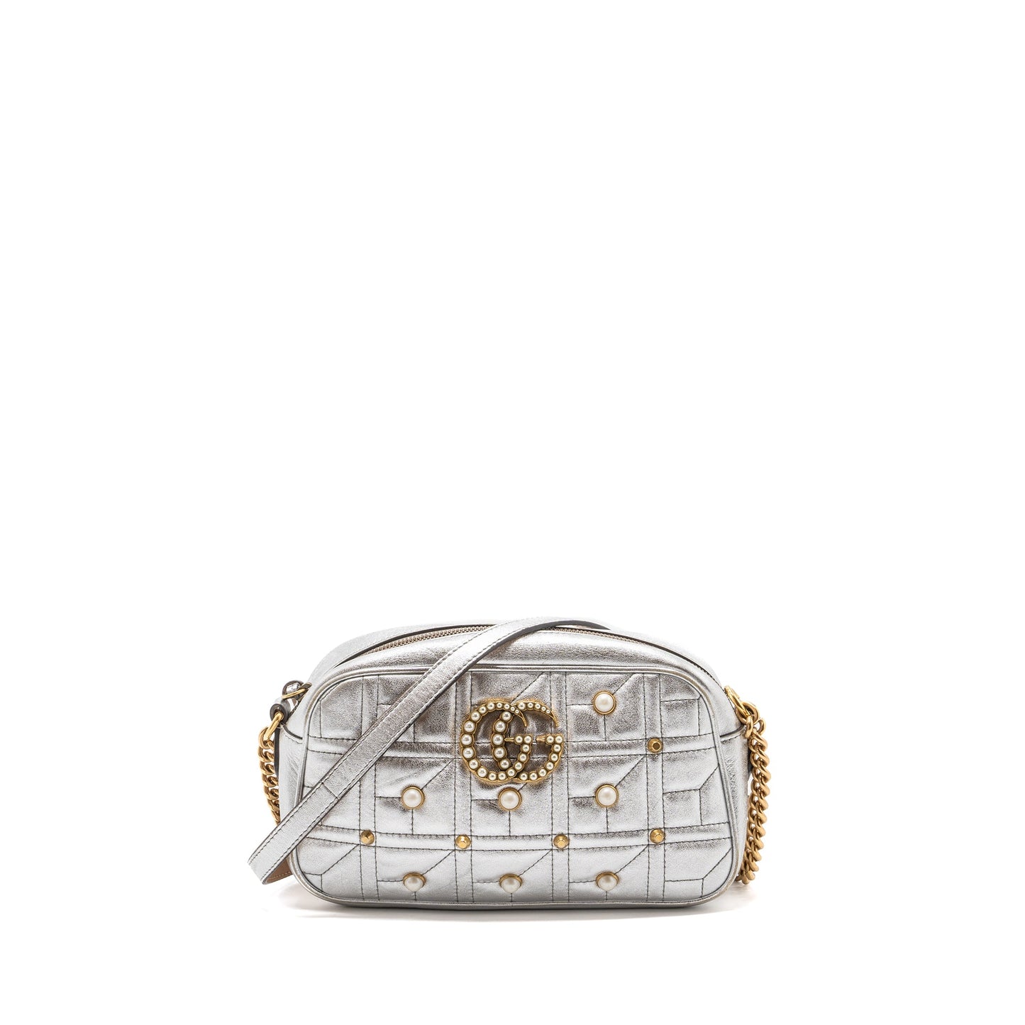 Gucci GG Marmont Camera Bag With Pearl Leather Silver
