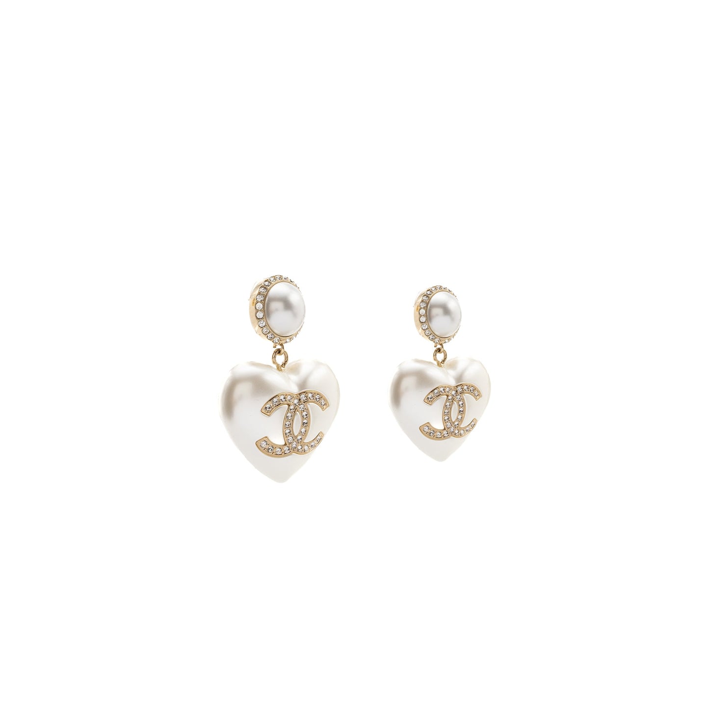 Chanel Heart Pearl Crystal CC Logo Earrings L
