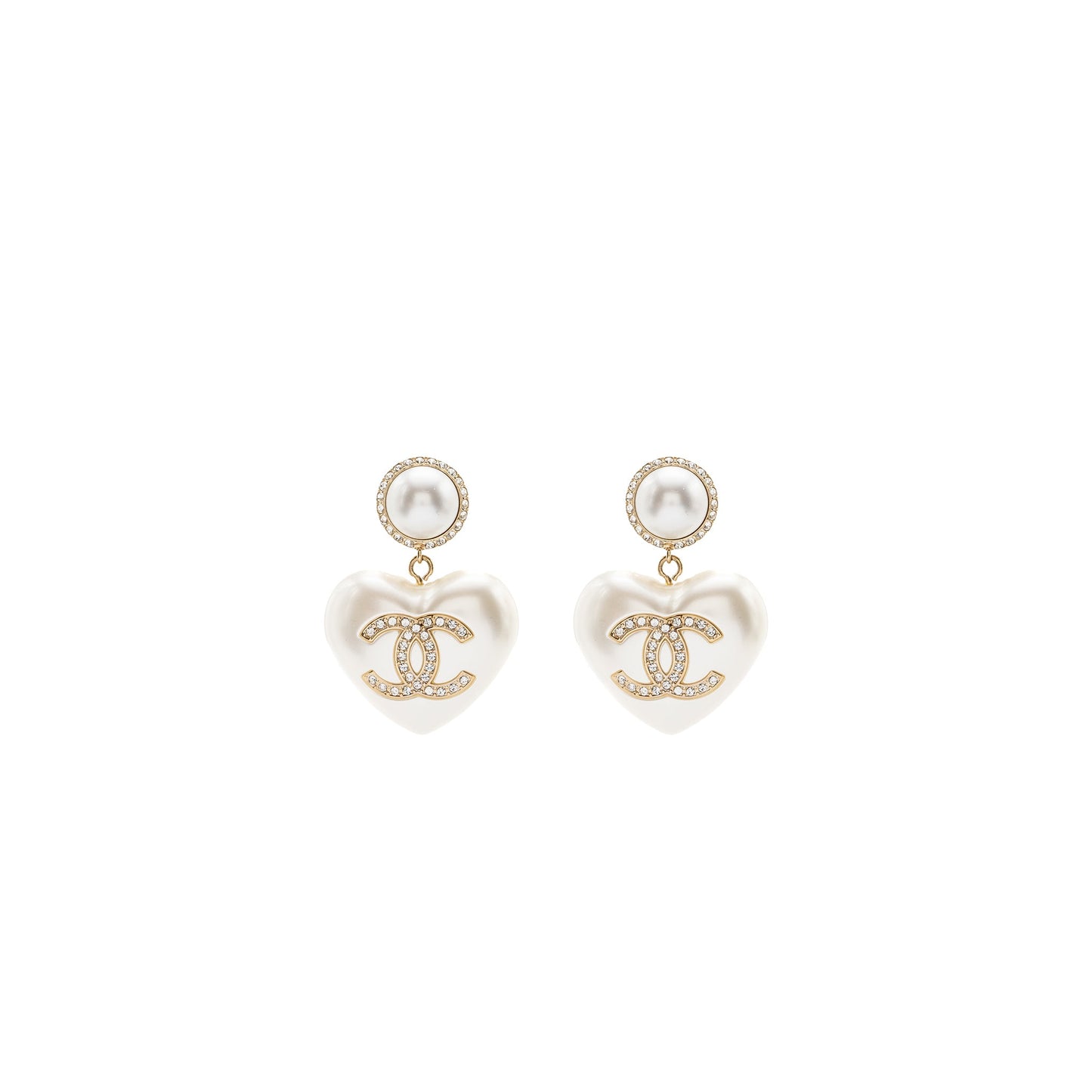 Chanel Heart Pearl Crystal CC Logo Earrings L