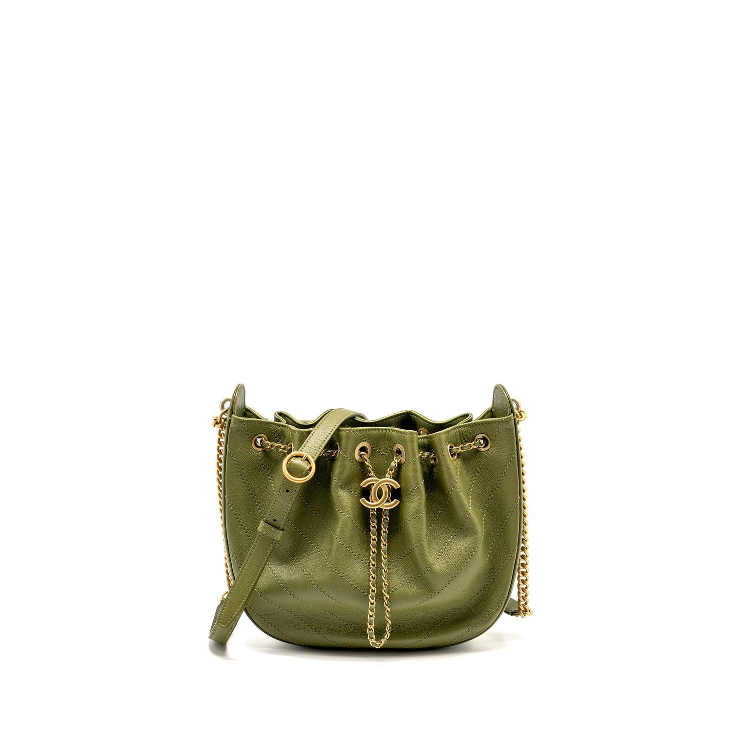 Chanel Drawstring Bucket Bag Grained Calfskin Olive Green