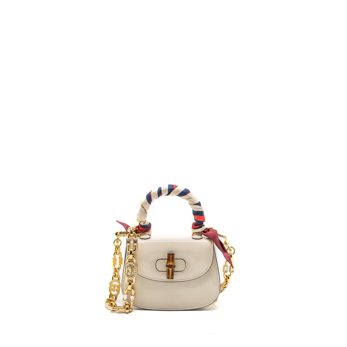 Gucci Bamboo 1947 Mini Top Handle Bag Patent Leather White