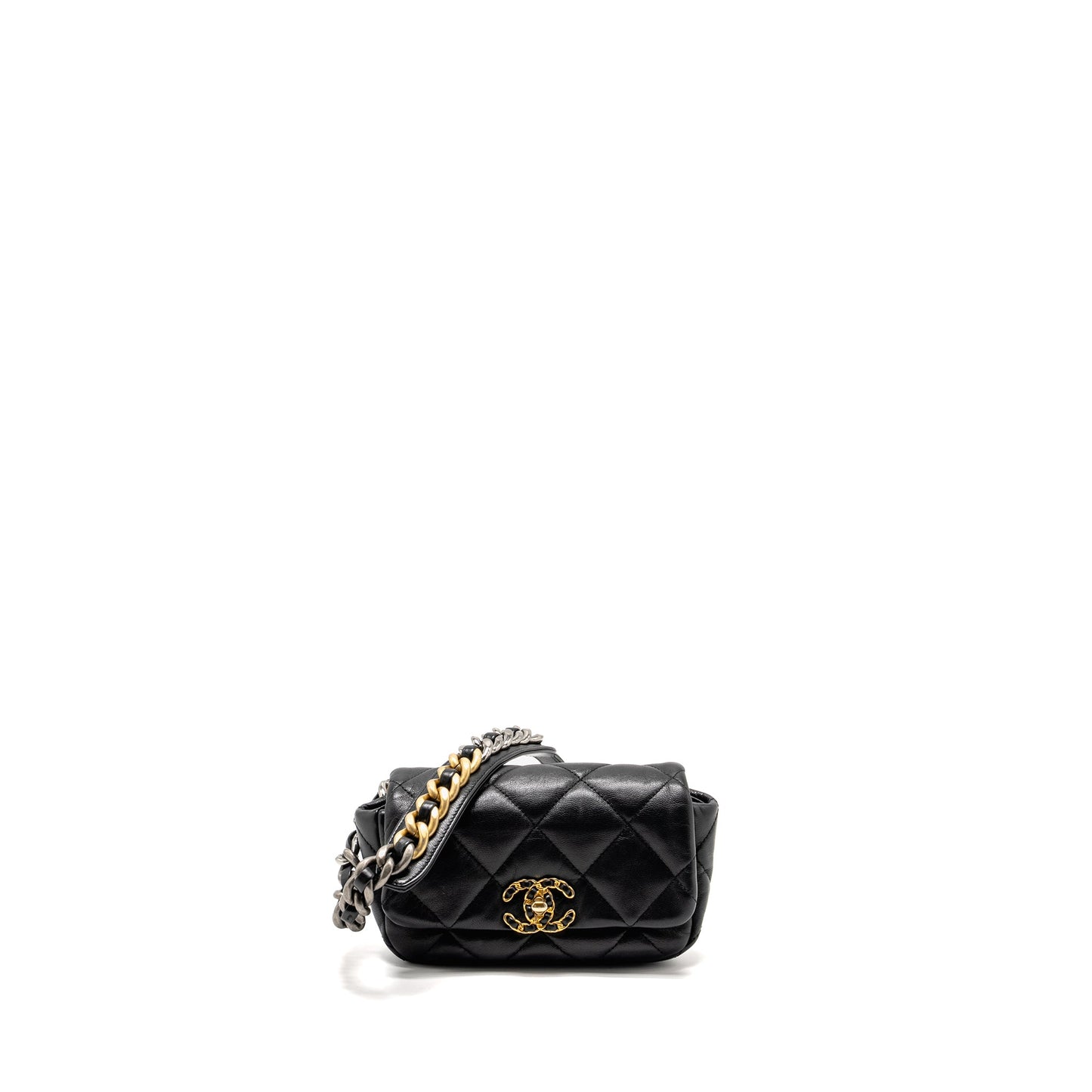 Chanel 19 Quilted Waist Belt Bag Shiny Goatskin Black