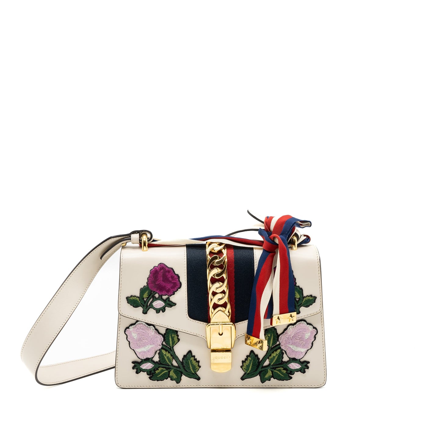 Gucci Sylvie Embroidered Shoulder Bag Calfskin White