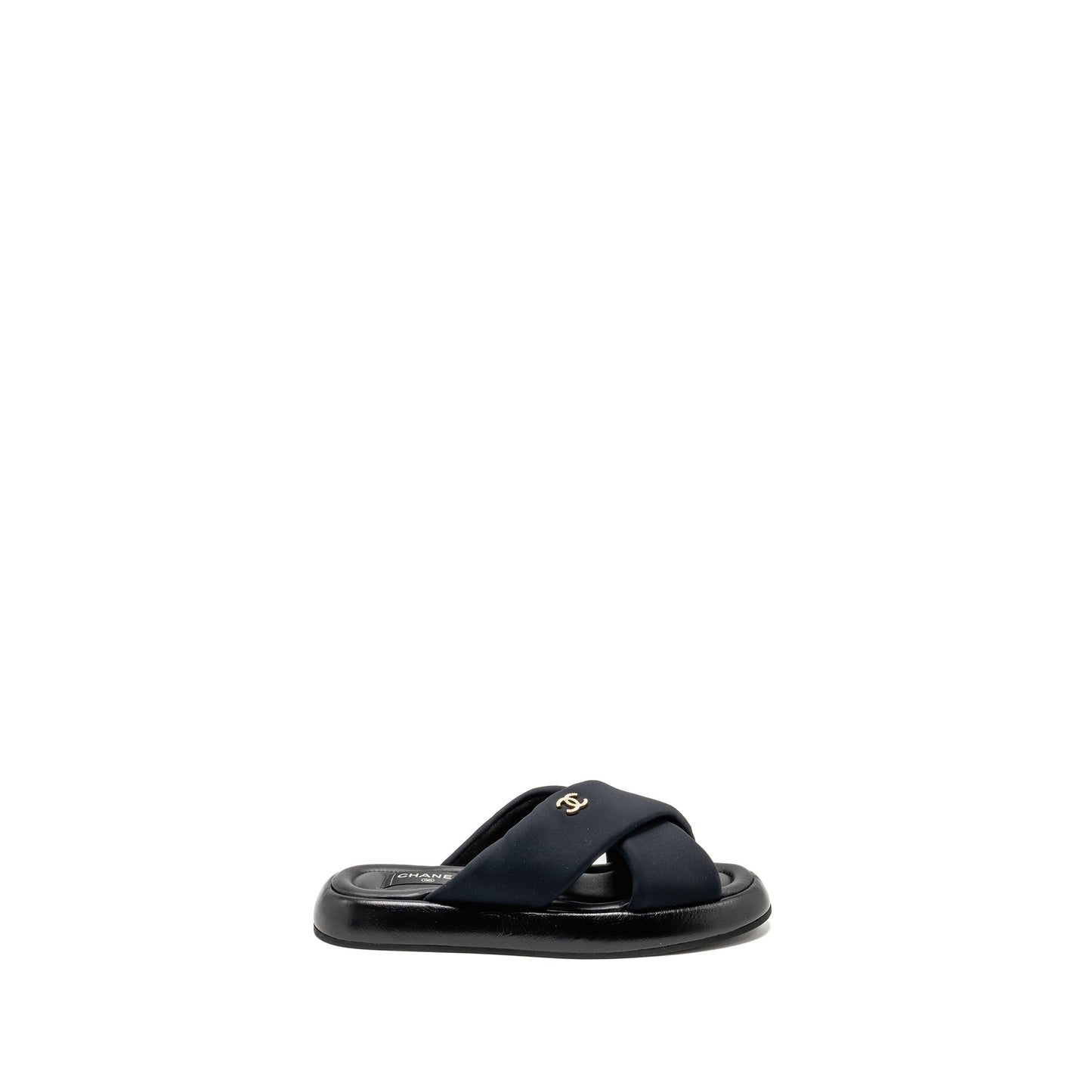 Chanel Size 38 CC Puffy Mule Sandals Fabric/Leather Black