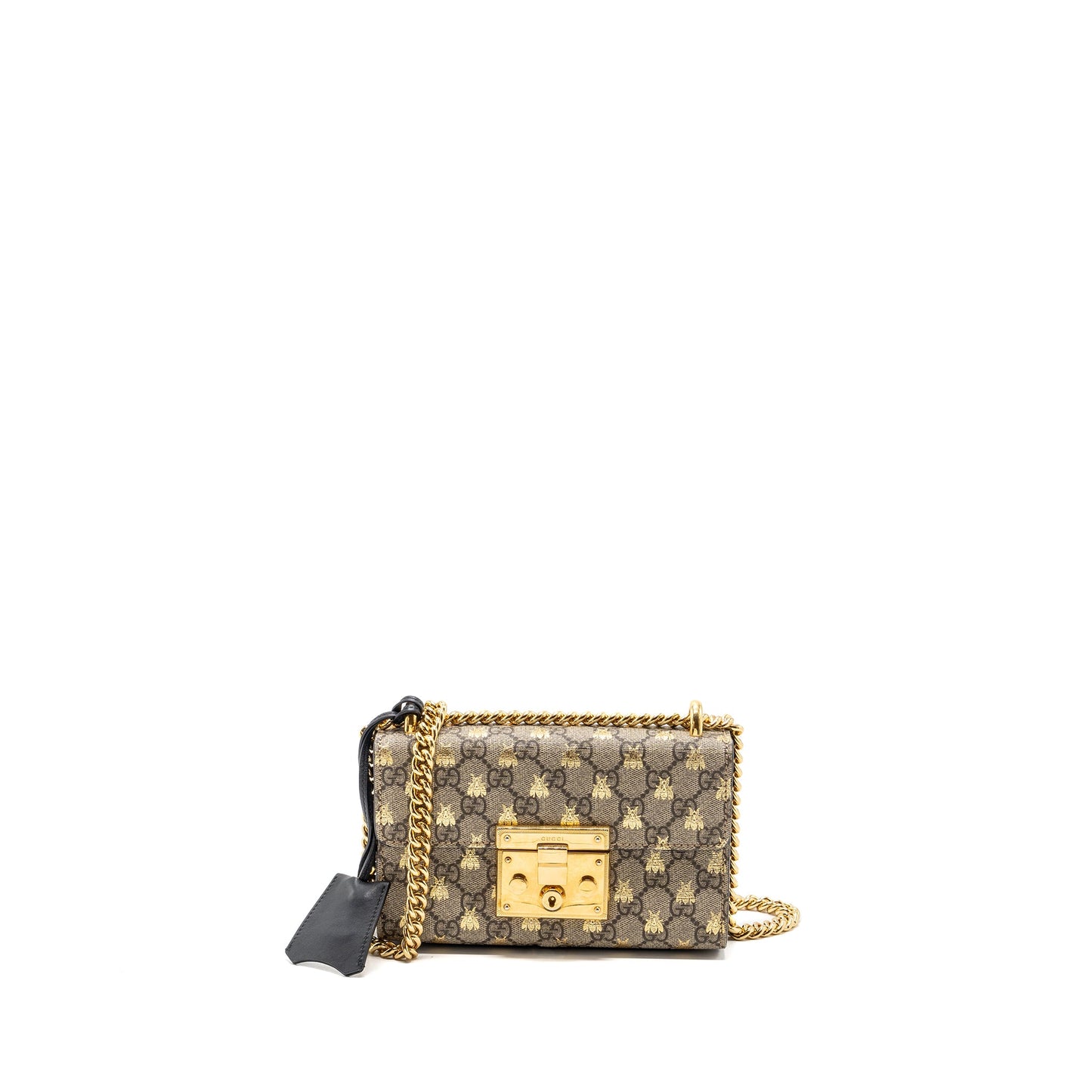Gucci small padlock chain bag GG supreme canvas with Bee print beige / black