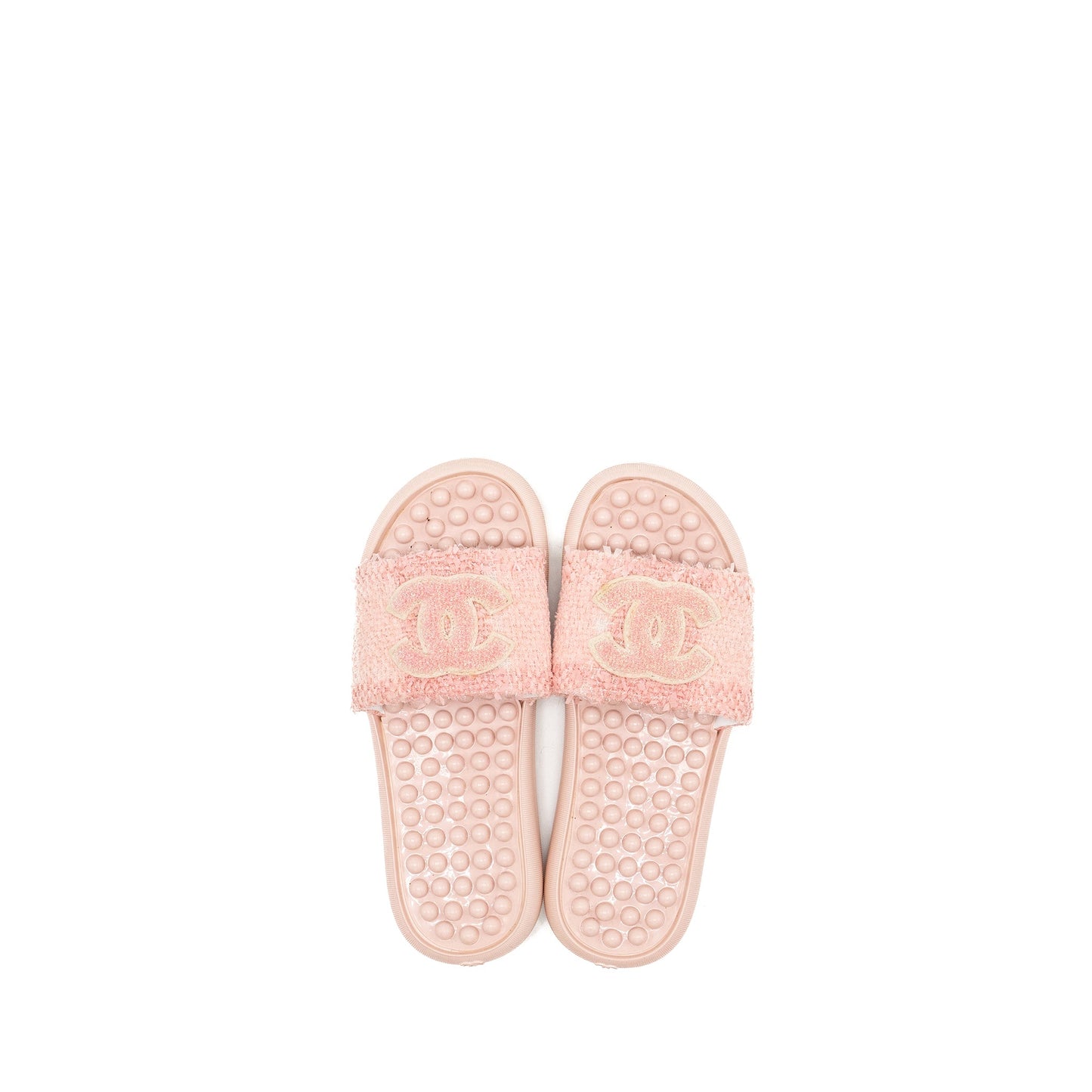 Chanel Size 38 Tweed Pool Beach Slides Sandals Pink