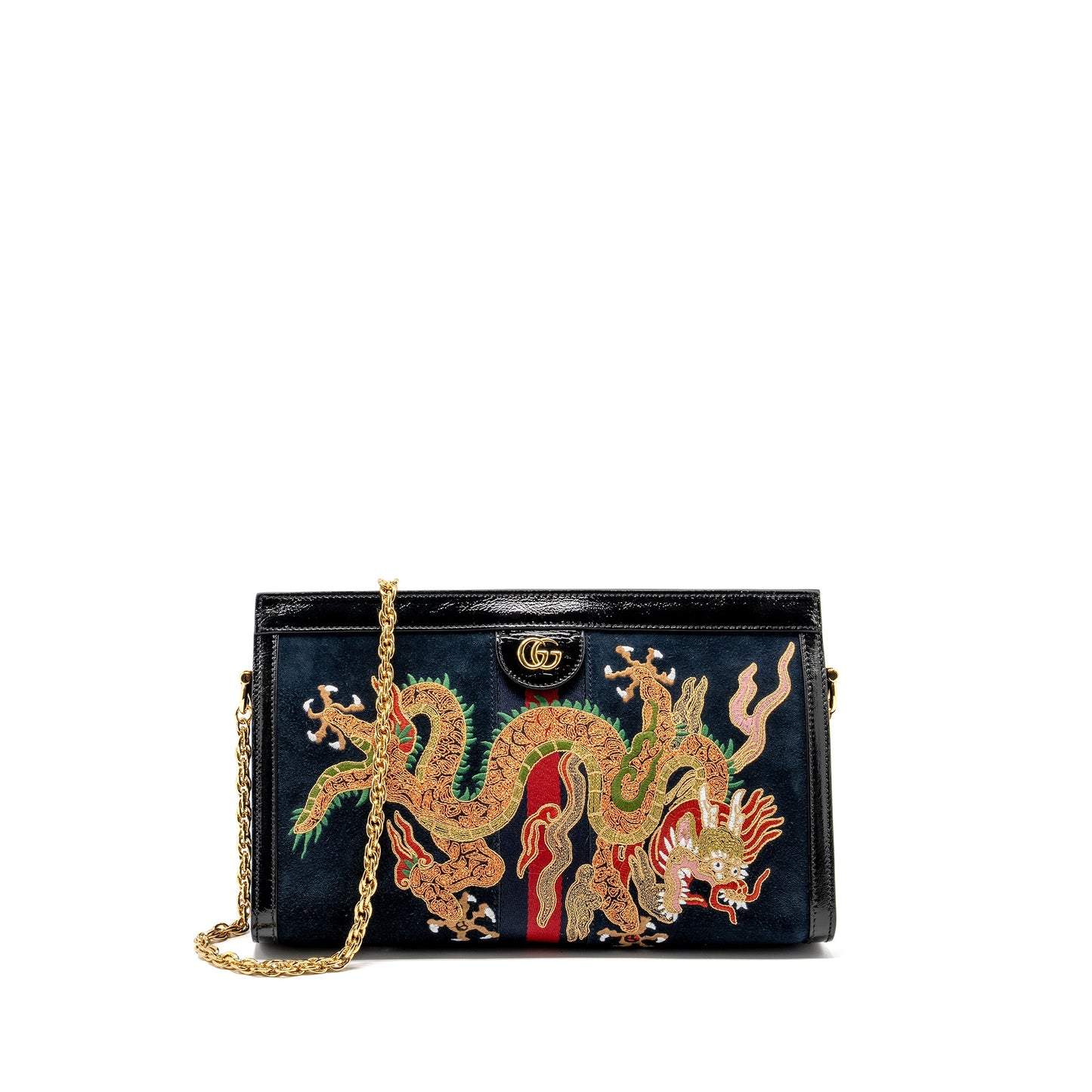 Gucci Ophidia Chain Bag Dragon Embroidered Suede Blue/Black/Multicolour