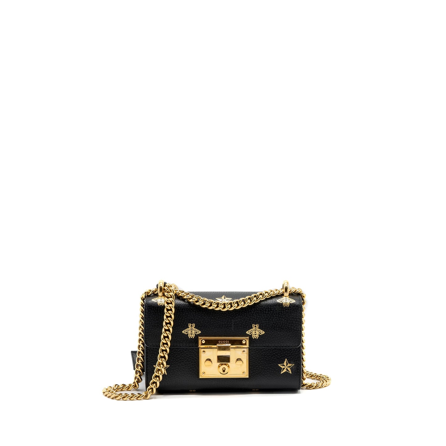 Gucci padlock chain bag bee print calfskin black
