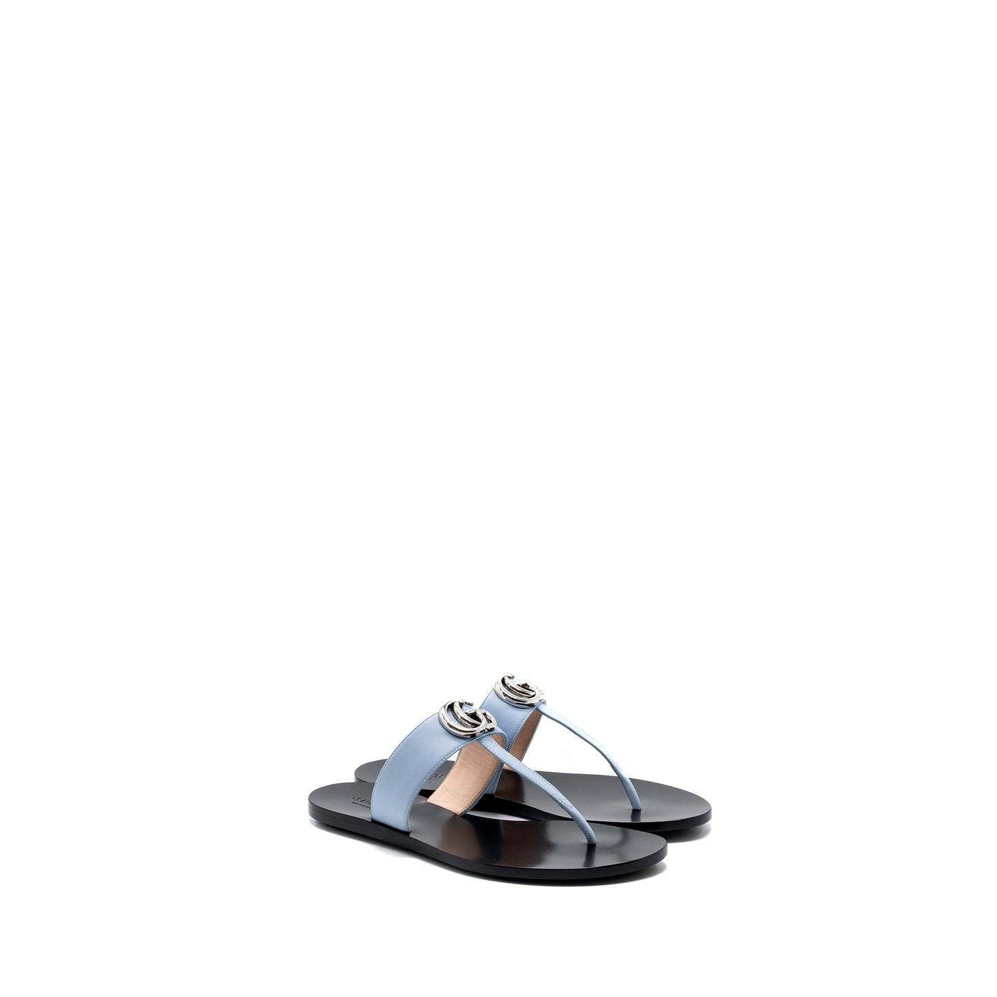 Gucci Size 37 Leather Thong Sandal With Double G Leather Light Blue SHW