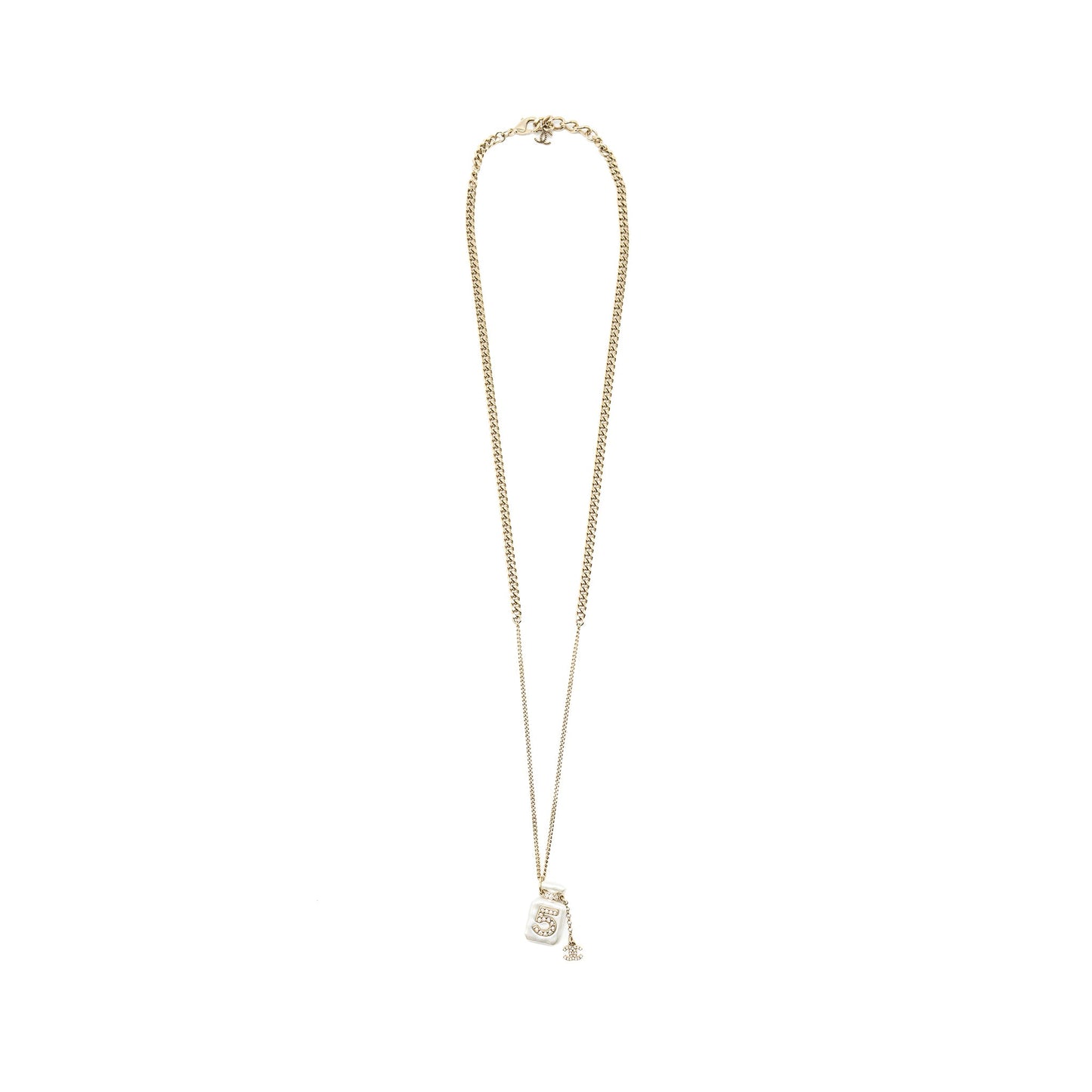 Chanel No.5 Perfume Bottle Long Necklace Light Gold Tone