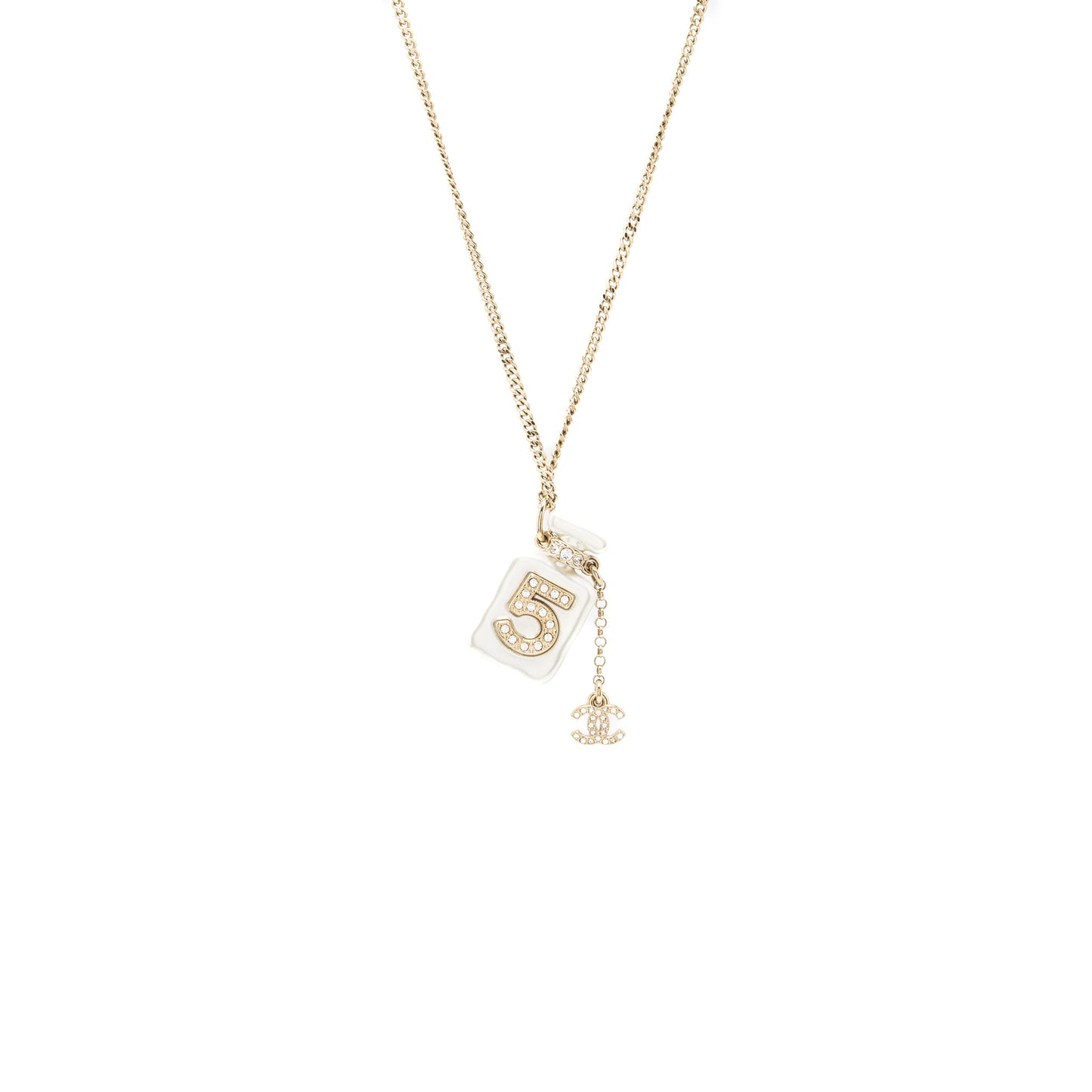Chanel No.5 Perfume Bottle Long Necklace Light Gold Tone