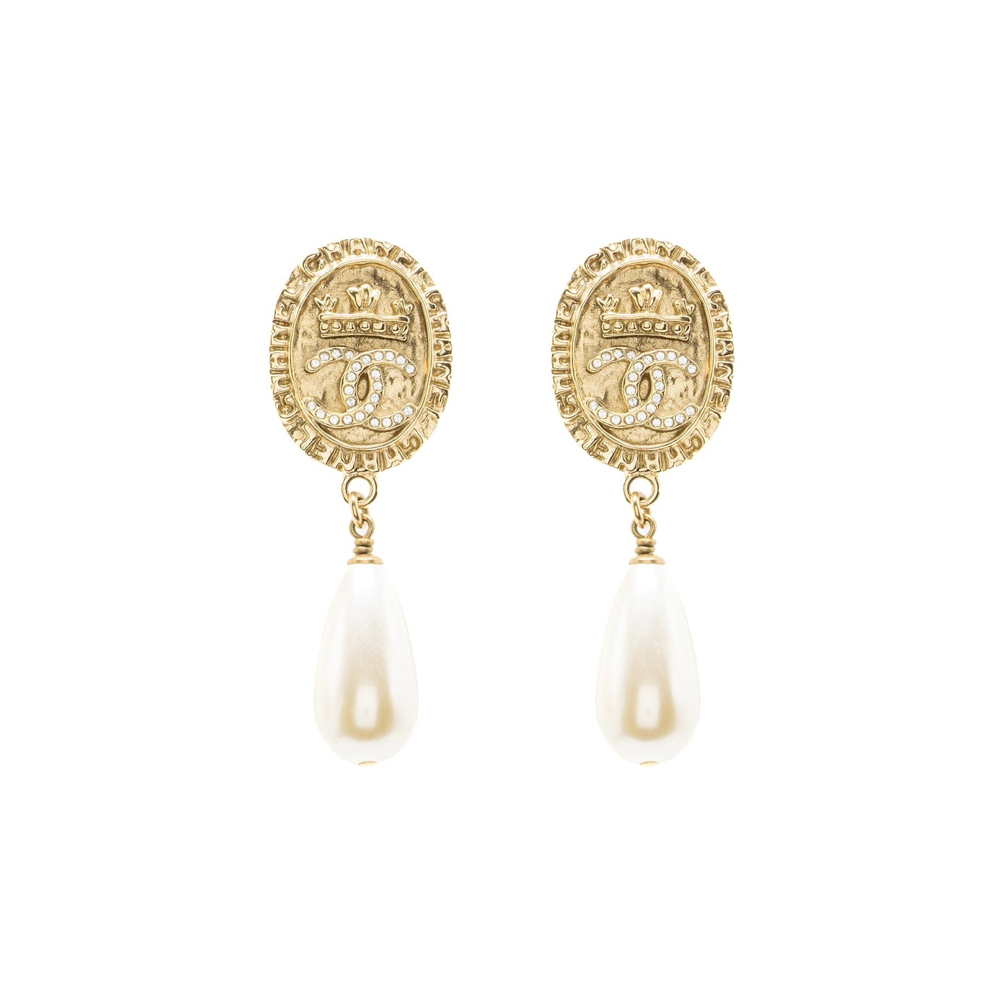 Chanel CC Logo Earrings Pearl Dropped Crystal Gold Tone
