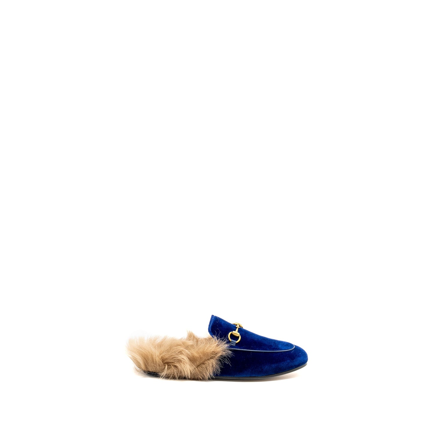 Gucci Size 36.5 Horsebit Princetown Fur Slipper Velvet Blue