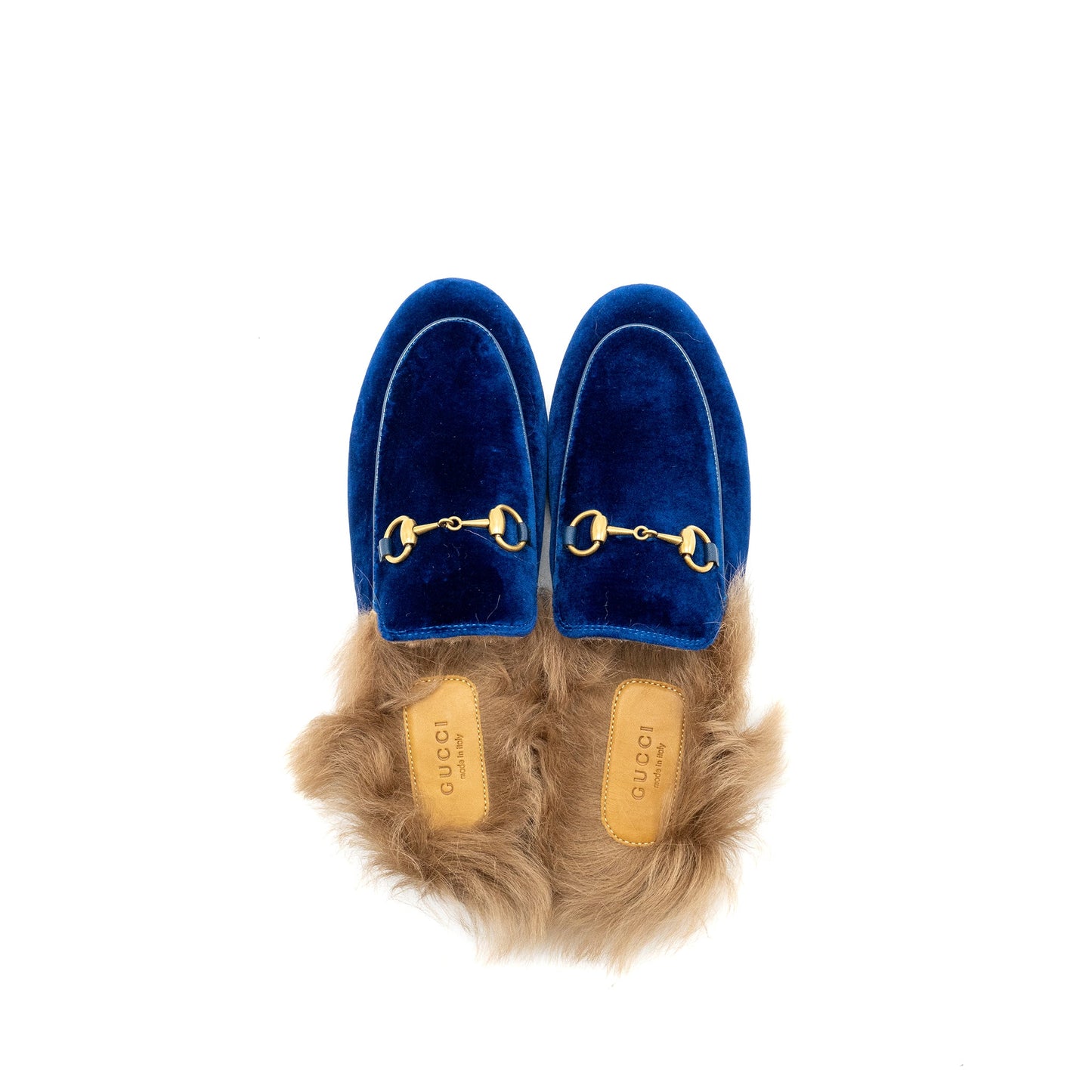 Gucci Size 36.5 Horsebit Princetown Fur Slipper Velvet Blue