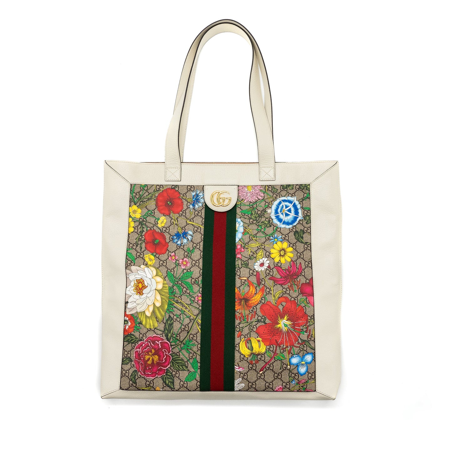 GUCCI OPHIDIA GG LEATHER TRIMMED Flora PRINTED COATED CANVAS TOTE Mulitcolour