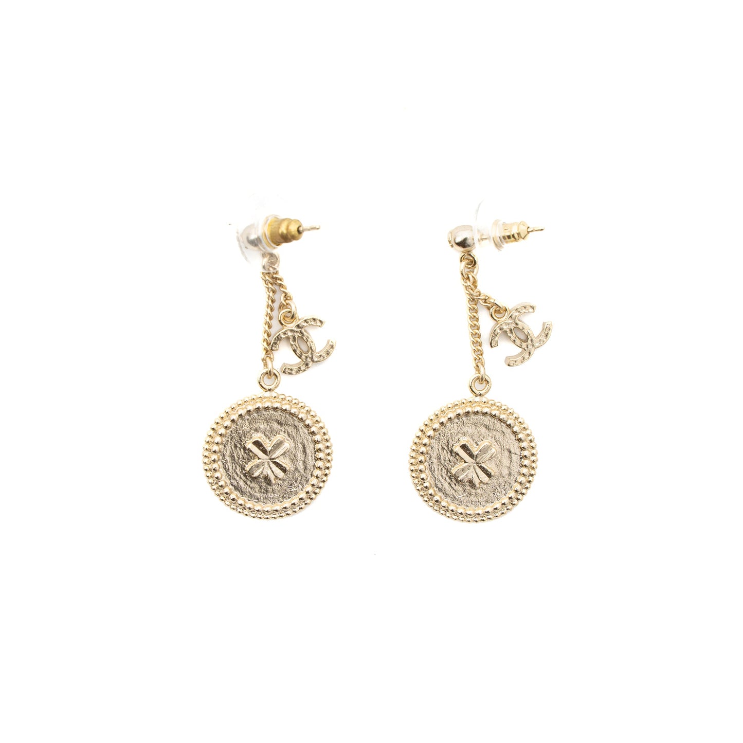 Chanel Round CC Logo Drop Earrings Gold Tone