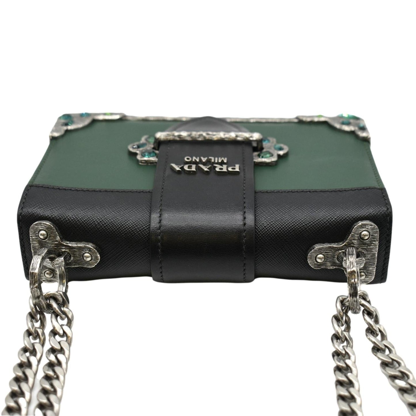 PRADA Cahier Swarovski Crystals Leather Shoulder Bag Green