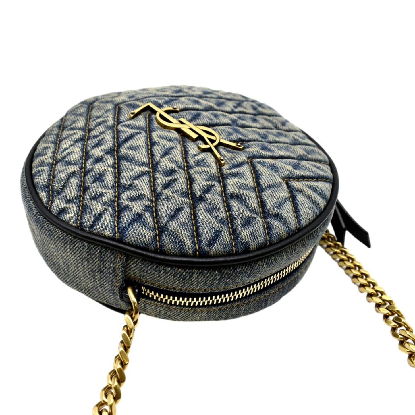 YVES SAINT LAURENT Vinyle Round Denim Camera Crossbody Bag Black