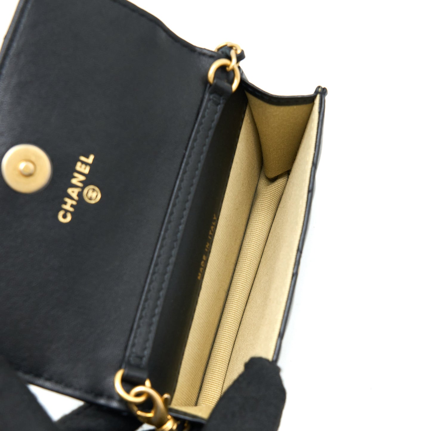 Chanel Pearl Crush Mini Flap Belt Bag with Chain Lambskin Black Brushed