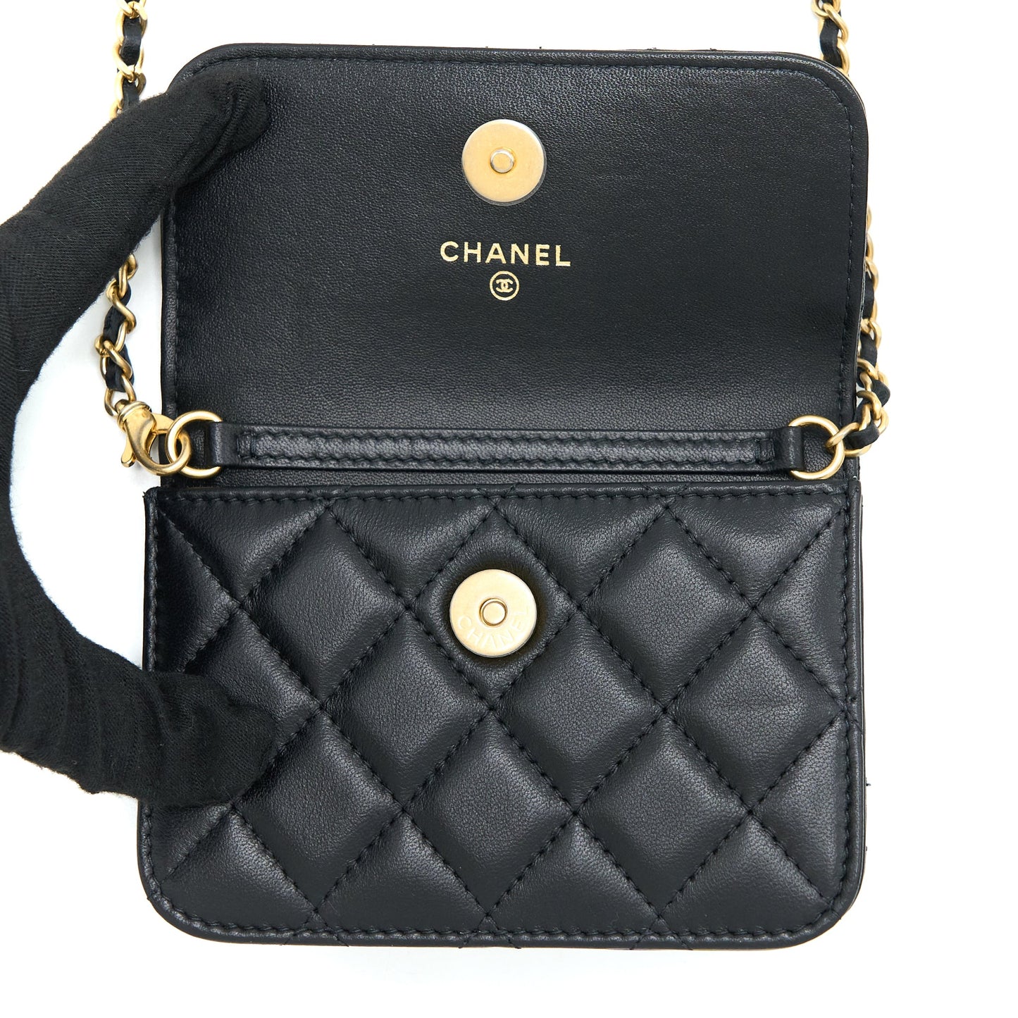 Chanel Pearl Crush Mini Flap Belt Bag with Chain Lambskin Black Brushed