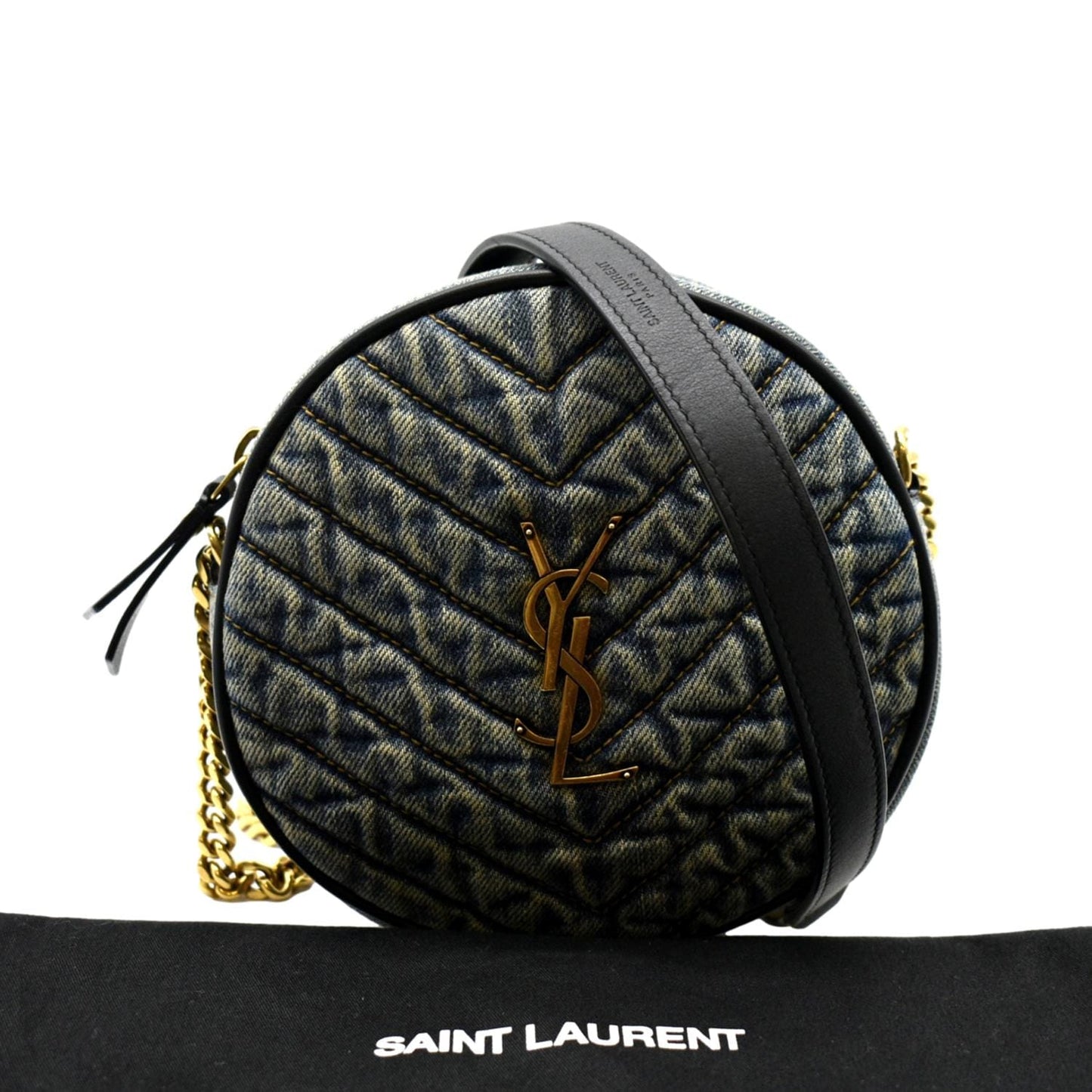 YVES SAINT LAURENT Vinyle Round Denim Camera Crossbody Bag Black